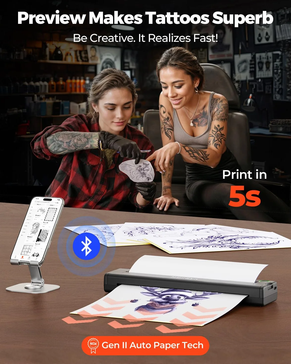 MUNBYN Thermocopieur Tatouage Bluetooth ITP05 20 Feuilles Papier Transfert Imprimante Stencil Tatouage Machine Copieur Noir