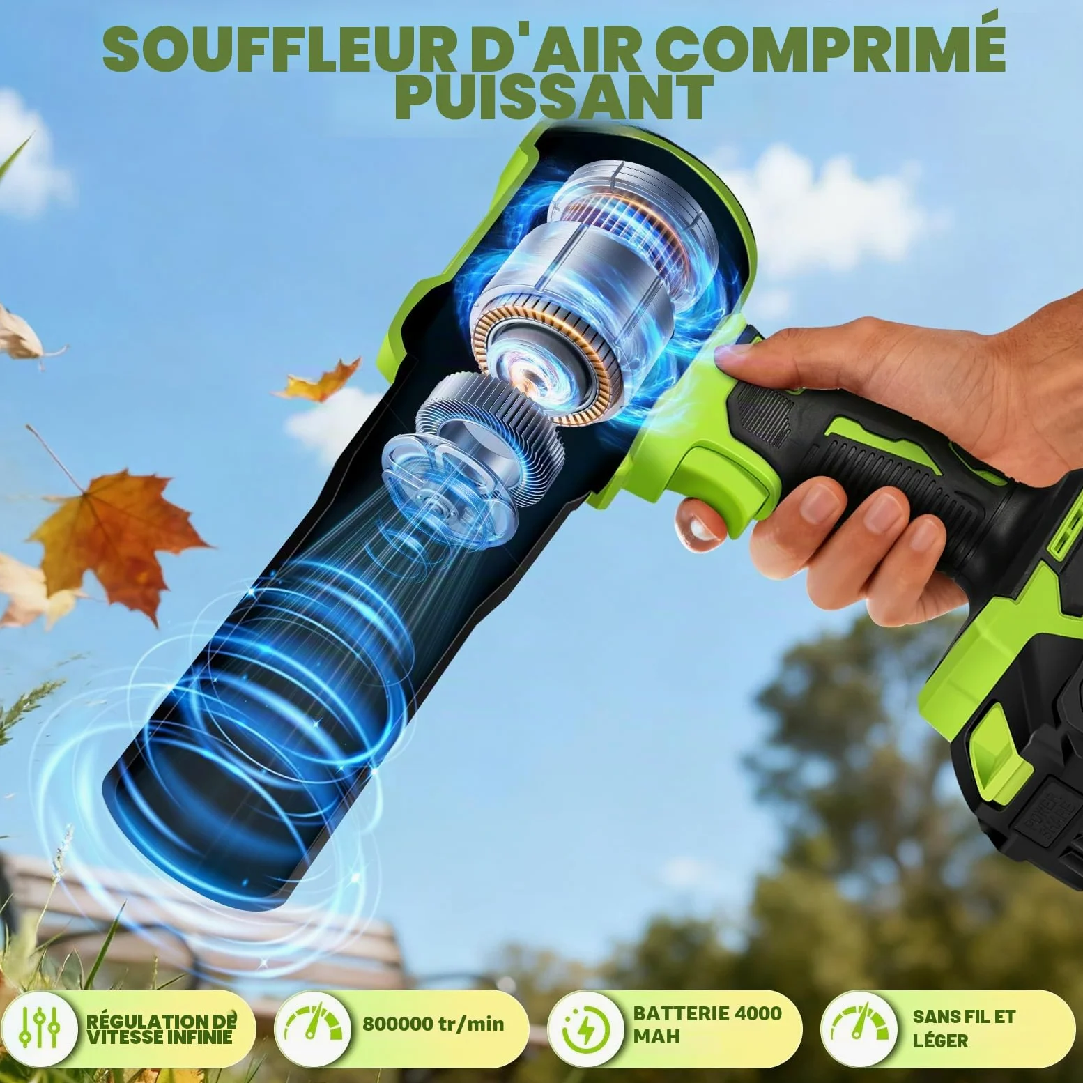Souffleur de Feuilles sans Fil avec 2 Batteries 4,0 Ah et Chargeur | Souffleur Feuille pour Jardin, Terrasse, Voiture, Feuilles, Poussières, Neige, 800000 TR/Min, Vitesse d'air 65 m/s