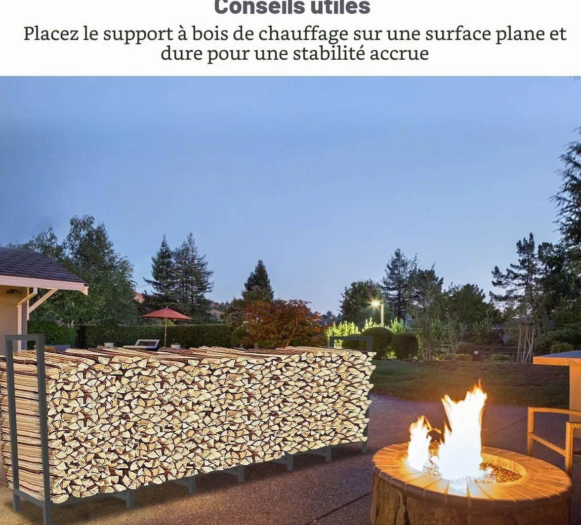 Range-bûches d'extérieur 2,4 m avec 14 pieds, étagère à bois résistant à la rouille, empilable réglable