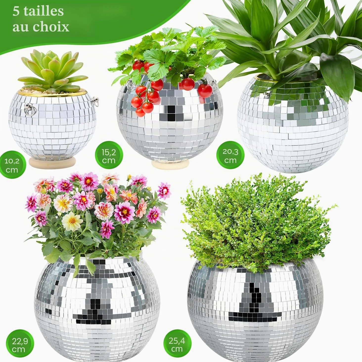 Pot de fleurs boule disco argenté de 22,9 cm avec corde de suspension, crochet | Pour la décoration