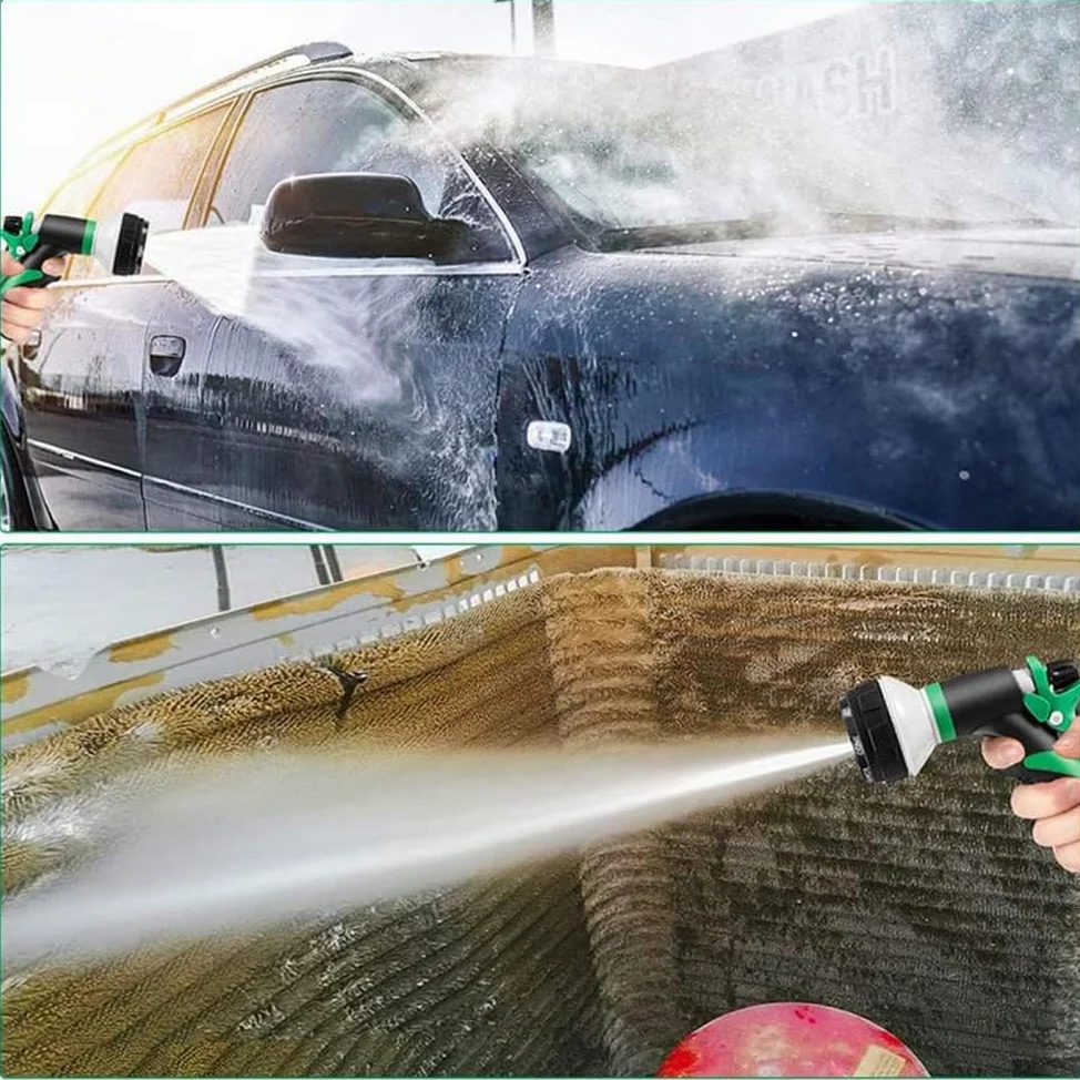 Tuyau d'arrosage extensible avec tissu extra résistant, buse de pulvérisation, étanche et léger pour arroser et laver (vert, 60 m)
