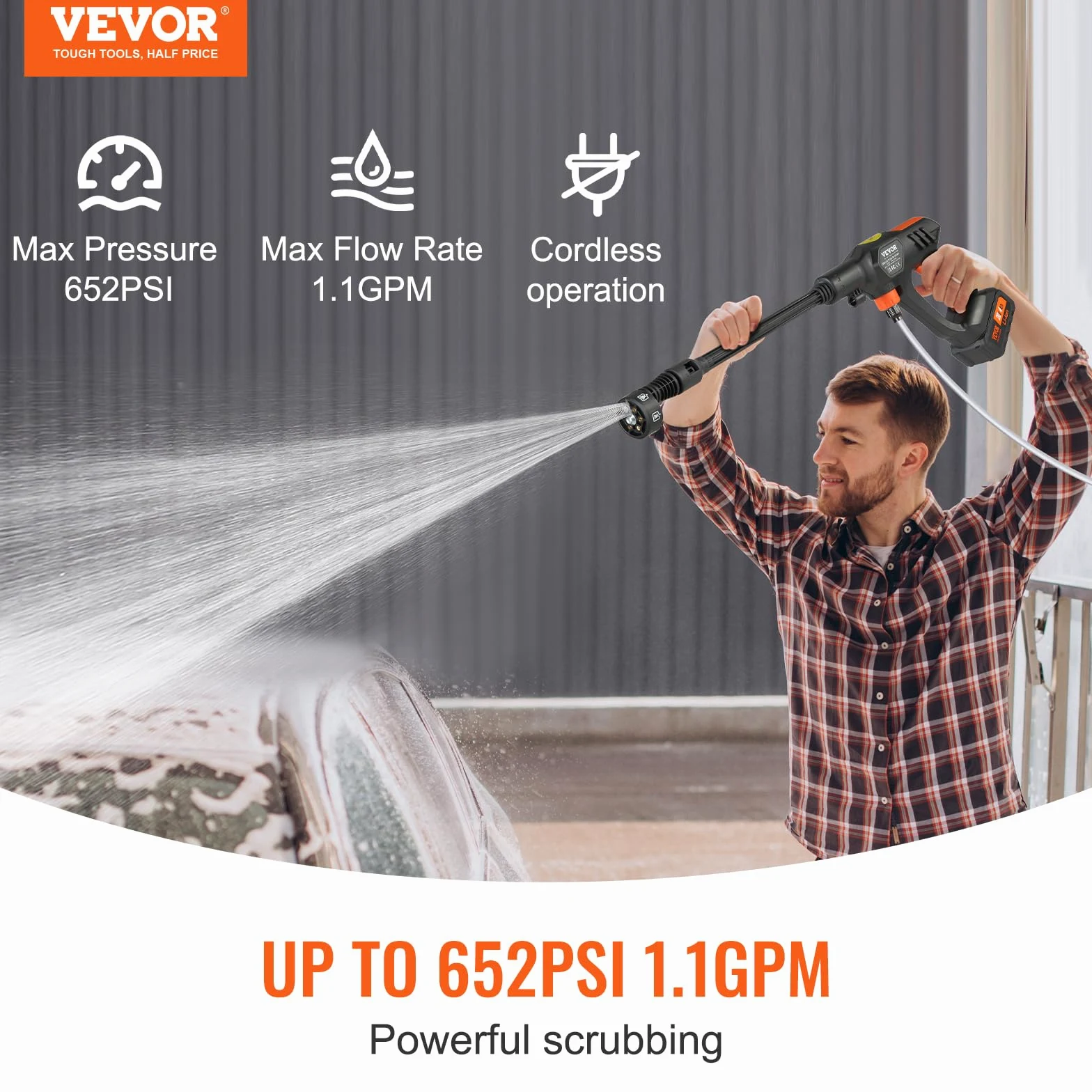 VEVOR Nettoyeur Haute Pression sur Batterie sans Fil 21 V Nettoyeur Haute Puissance Portable 652 PSI 50 Bar Laveuse Électrique 4 L/Min Batterie 4,0 Ah Chargeur pour Nettoyage Terrasse Jardin Voiture