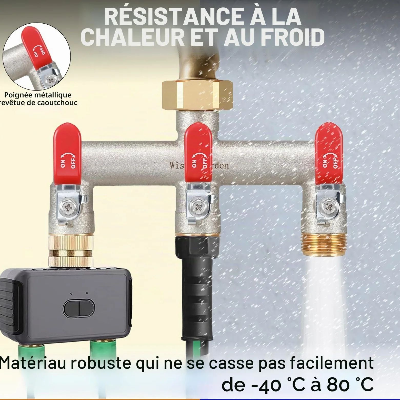 Distributeur 3 Voies, Vanne à 3 Voies d'Eau pour Robinet avec Filetage de 1 Pouce, Poignée Allongée Rouge, Laiton Robuste et Durable, avec Adaptateur 3/4 Pouce