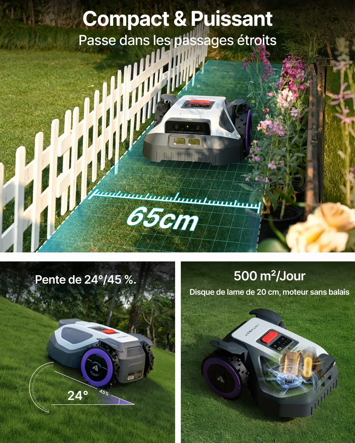 ABTHBOT M9 Robot Tondeuse sans Fill Périphérique-1000m², Navigation NetRTK, 4G,5000mAh, Pente 24°