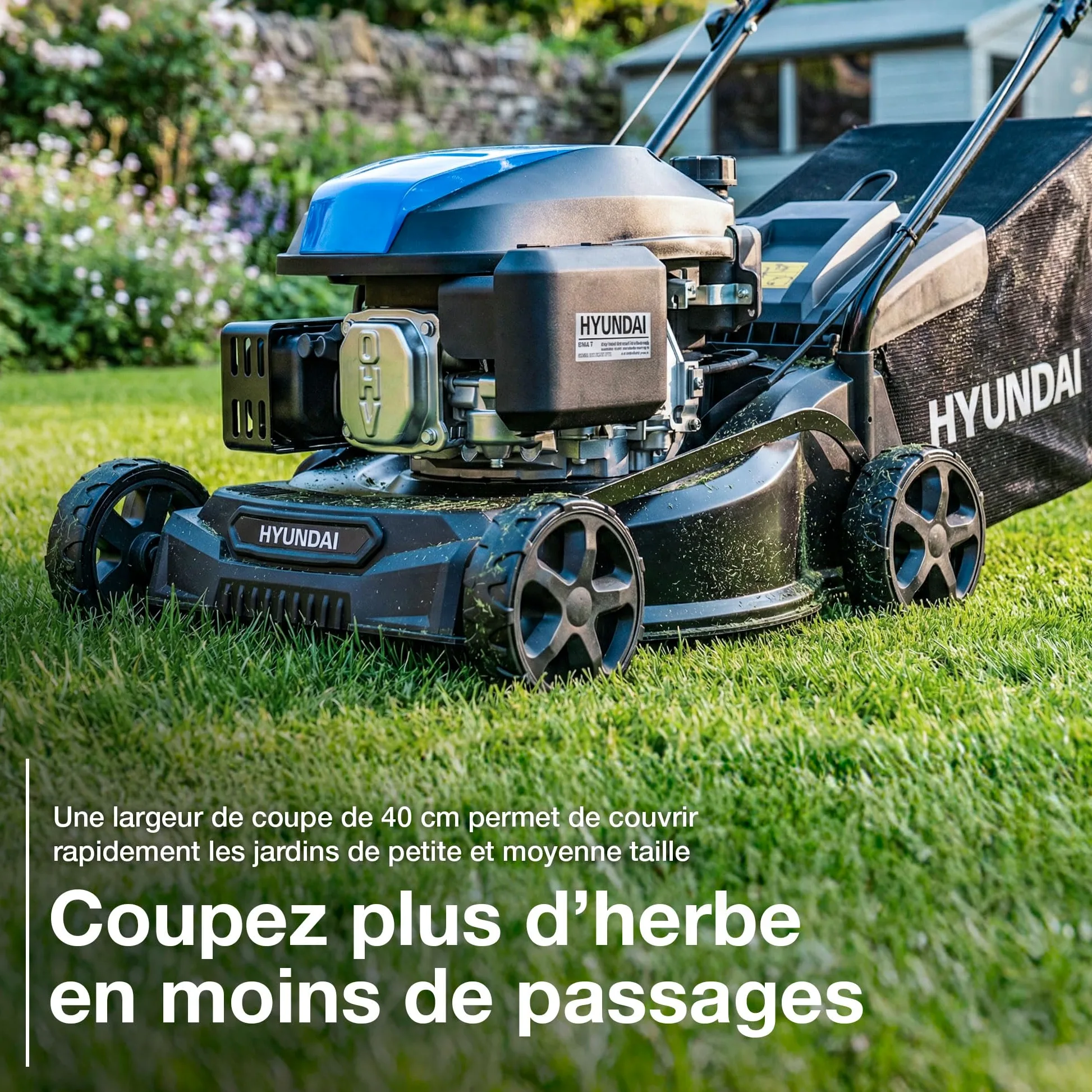 Hyundai Tondeuse à Gazon Thermique Noire 40 cm, Moteur 139 cm3 3,7 CV 4 Temps, Bac 40 L, 7 Hauteurs 25-75 mm, Poussée, Garantie 3 Ans - HYM16130PX