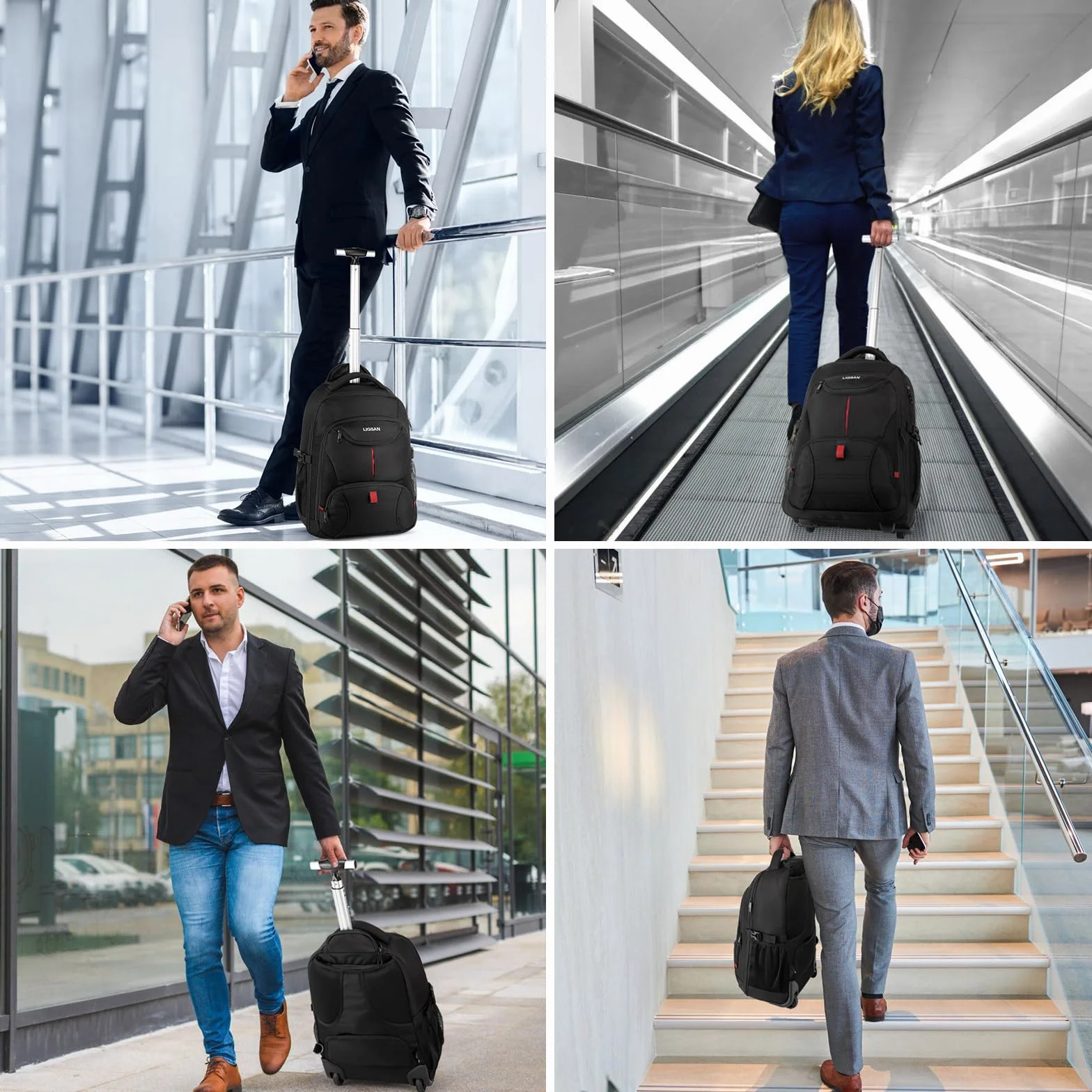 Sac à Dos à Roulette 18,4" Ordinateur Portable Trolley Voyage Grand Volume Antivol Résistant à l'eau Homme Femme Noir