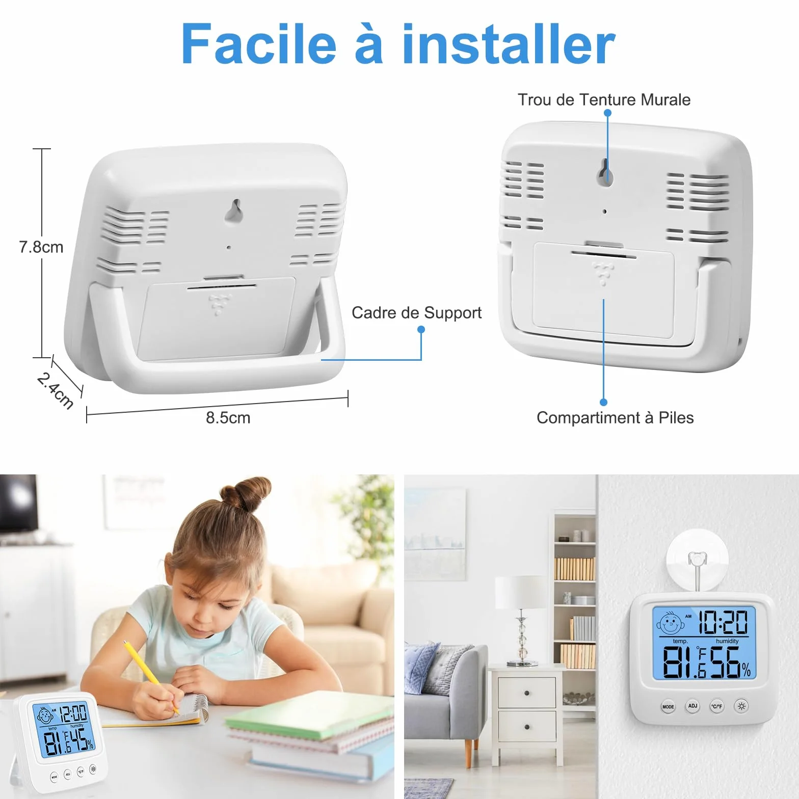 Vinabo Thermomètre Hygromètre Intérieur Digital Haute Précision avec Rétroéclairage Horloge
