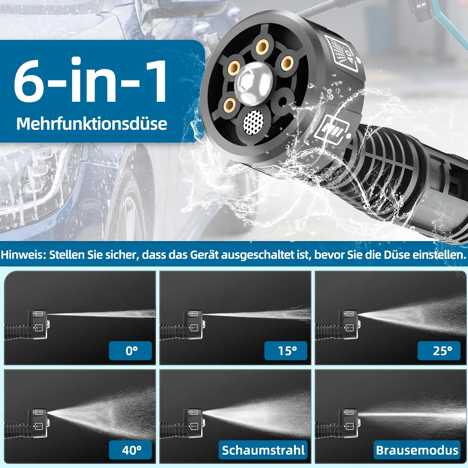 Nettoyeur haute pression sans fil, mode 4 vitesses, max 150 bar, Hydro Blast, nettoyeur haute pression mobile multifonction avec 2 batteries de 4,0 Ah, buse 6 en 1 et rotation à 180° pour voitures