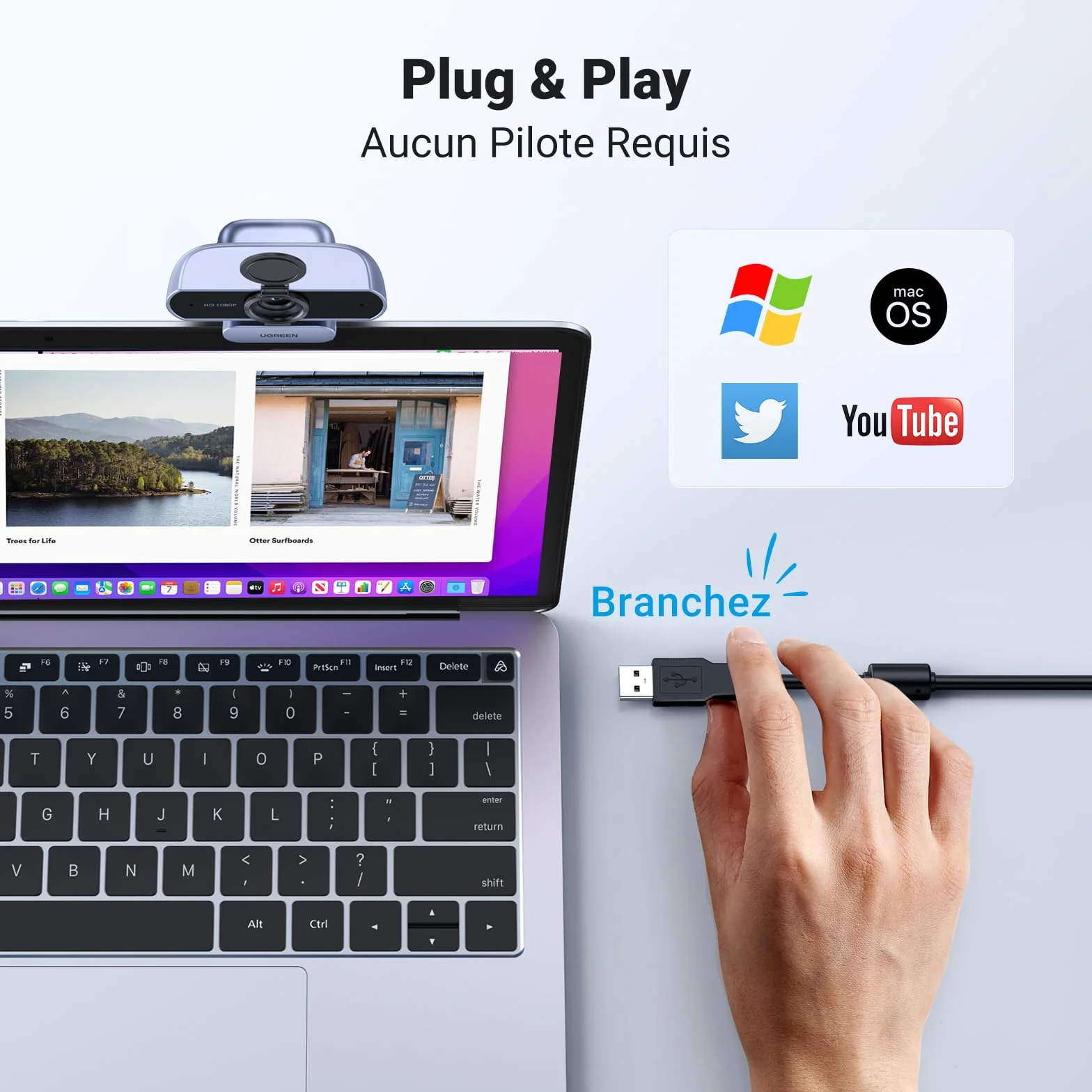 UGREEN Webcam Full HD 1080P 30FPS Caméra USB PC Mise au Point Fixe Deux Micro 360° Rotation Plug Play Windows MacOS Linux