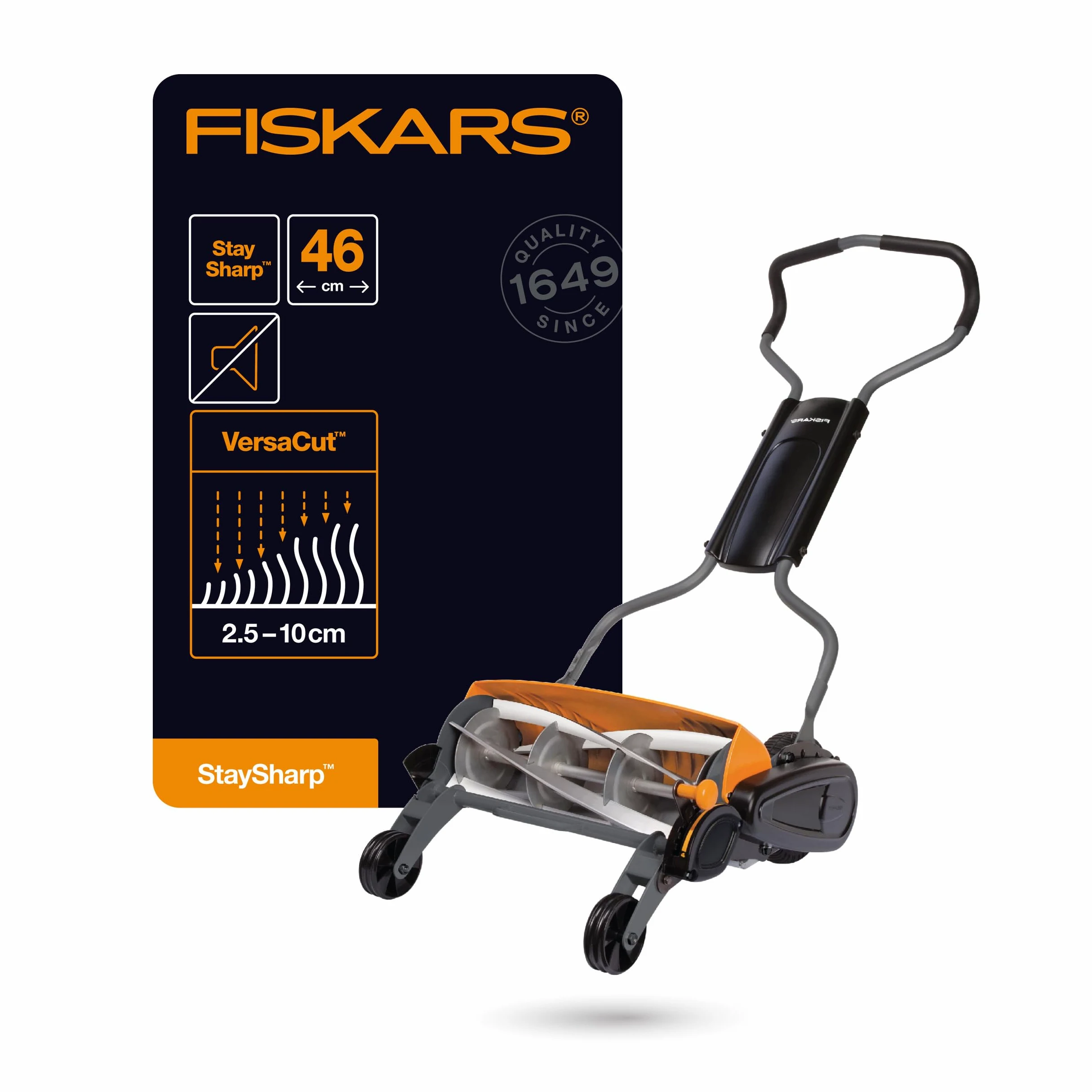 Fiskars Tondeuse à gazon manuelle, Tondeuse à cylindre avec système de coupe sans frottement des lames, Largeur de coupe: 46 cm, Noir/Orange/Argenté, StaySharp Max, 1000591 | Largeur de coupe: 46 cm, Noir/Orange/Argenté, StaySharp Max, 1000591