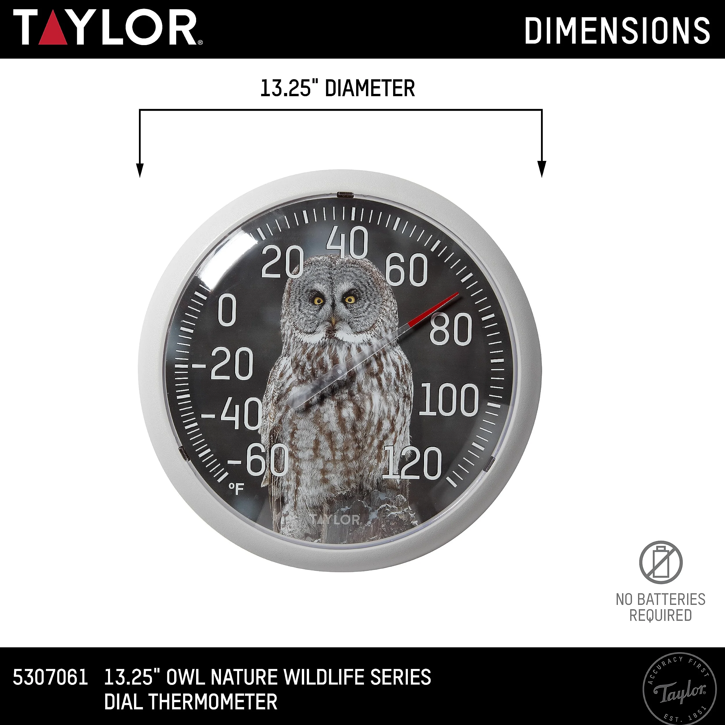 Taylor Nature Series Thermomètre d'intérieur et d'extérieur en forme de hibou, décoration murale facile à lire pour terrasse, piscine, cour, jardin ou garage, 33,2 cm, lunette grise