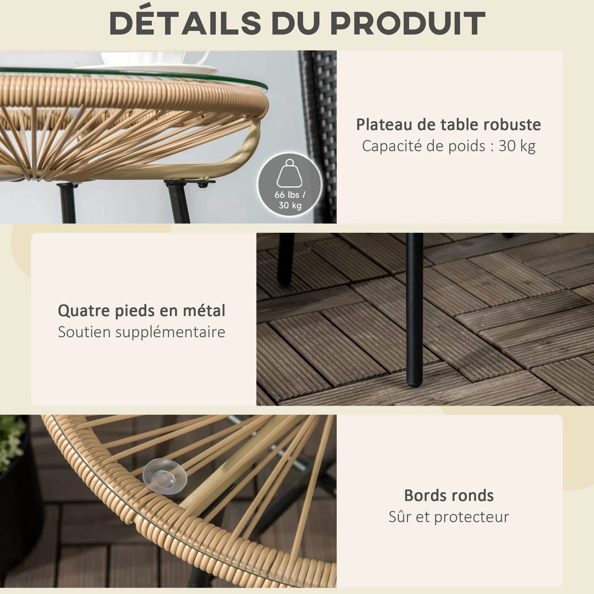 Outsunny Table Basse Ronde Jardin Résine Rotin Métal Plateau Verre Trempé Ø 50 x 50 cm Beige