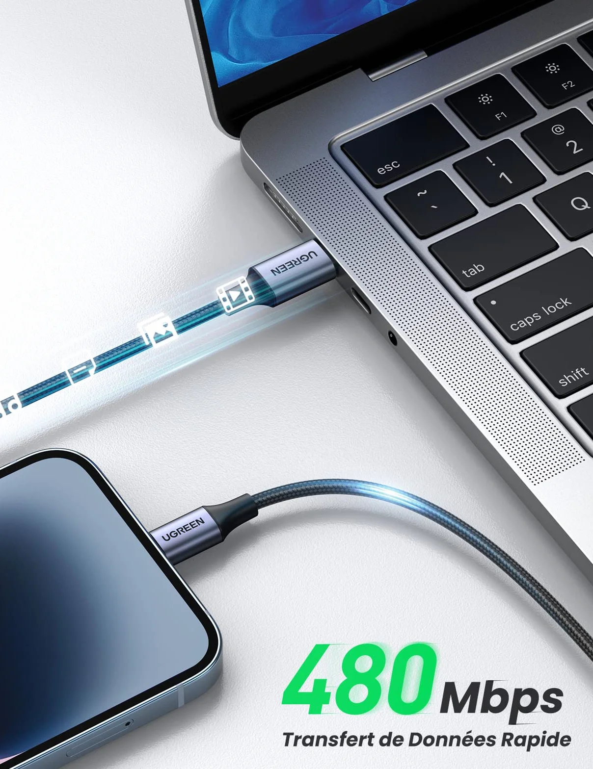 UGREEN Câble Lightning vers USB C MFi Certifié Nylon Tressé Chargeur Rapide Compatible iPhone 14 Pro Max 13 12 11 SE XR XS iPad Pro AirPods Pro 1M