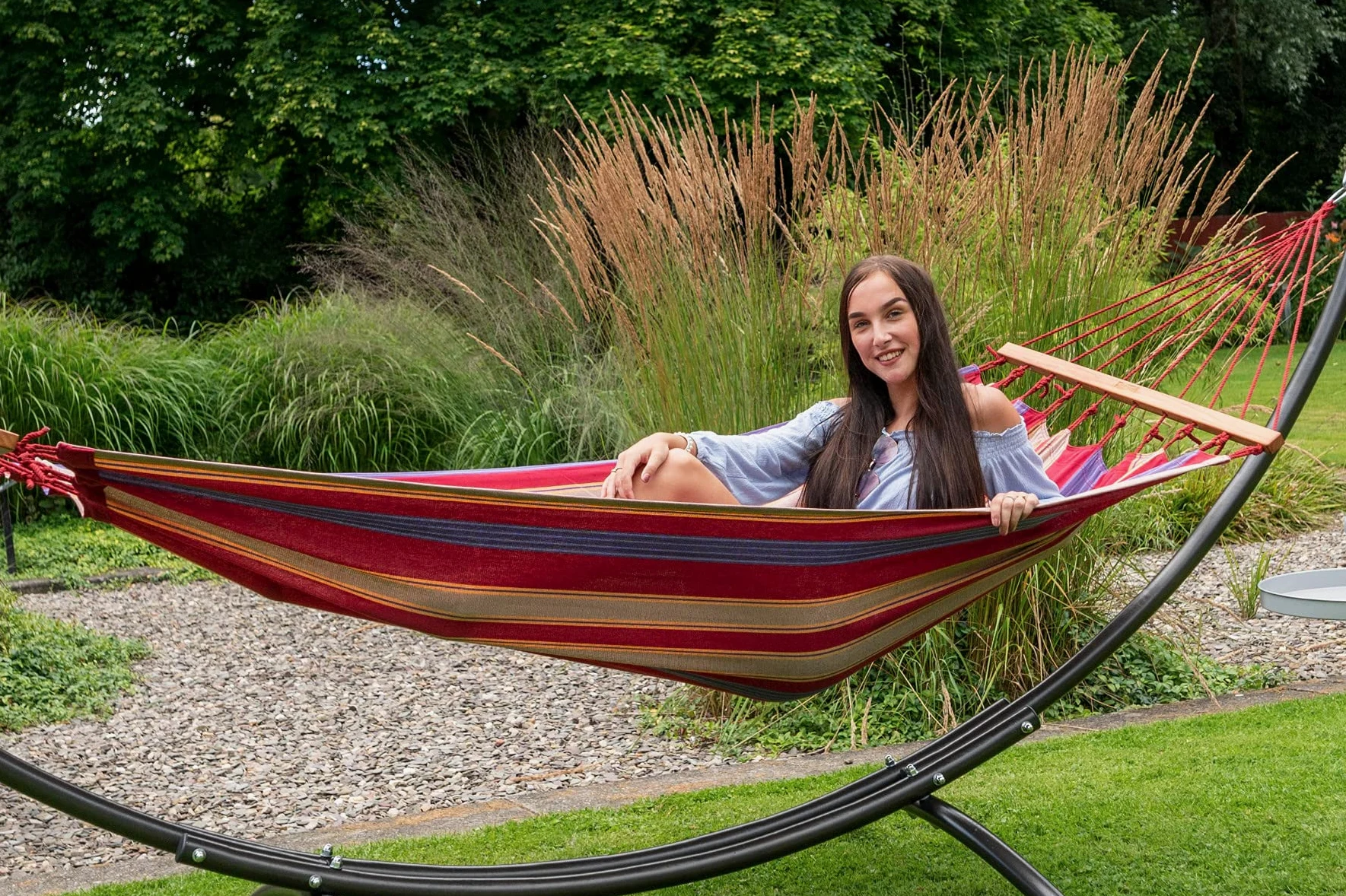 Tropilex Hamac de Jardin Exterieur Simple | Hamac Hippie 120 kg Colombien | Randonnée Pliable | Fabriqué à la Main | 1 Personne | Model Haïti Toile Rouge Beige 320 cm