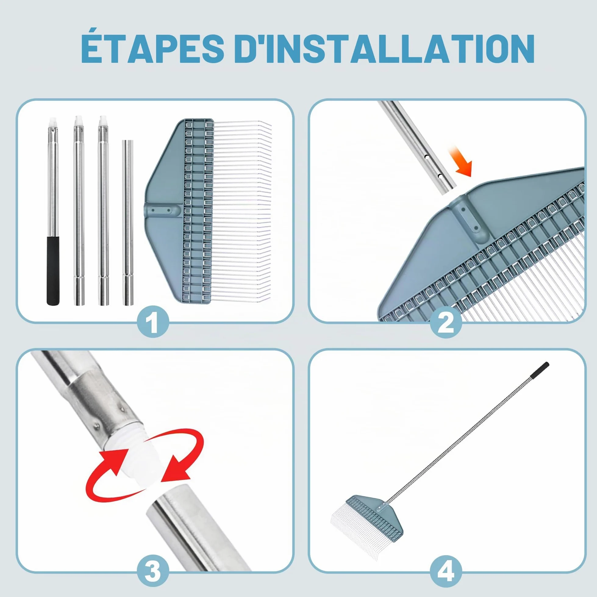 YEELOR Râteau à gazon, râteau pour feuilles, râteau de jardin avec tête de 43,2 cm – Poignée en acier inoxydable de 167,6 cm pour cour, pelouse, arbuste, parterres de jardin, poulailler