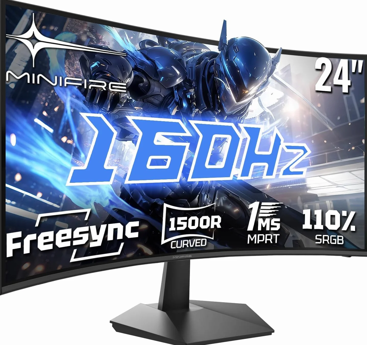 Minifire Ecran PC Gamer Incurvé 24 Pouces 160Hz FHD 1920x1080 1ms MPRT 110% sRGB 1500R Pied en métal Adaptive Sync VESA 100x100mm Inclinaison réglable HDMI2.0 DP1.4
