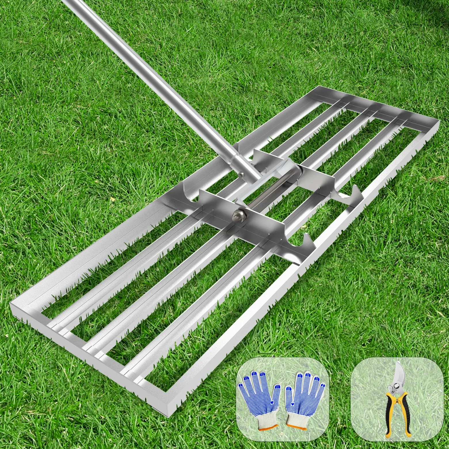 Râteau de nivellement de pelouse, qualité Professionnelle avec poignée en Acier Inoxydable pour pelouse, râteau paysager Robuste pour Jardin, Terrain de Golf, Ferme, pâturage, 76,2 x 25,4 cm