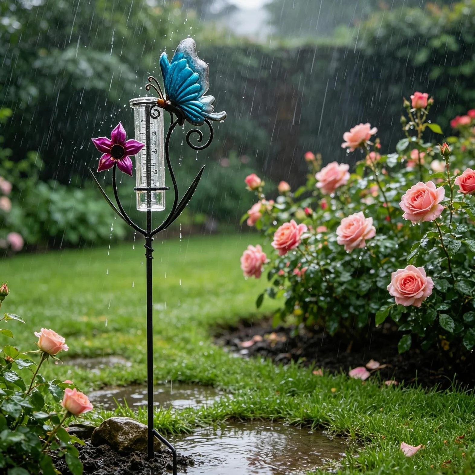 Pluviomètre | Objet Décoration Mesure Pluie Design Papillons et Fleurs | Jauge de Mesure de Pluie - Pour Jardin Pelouse Cour Terrasse Patio Clôture