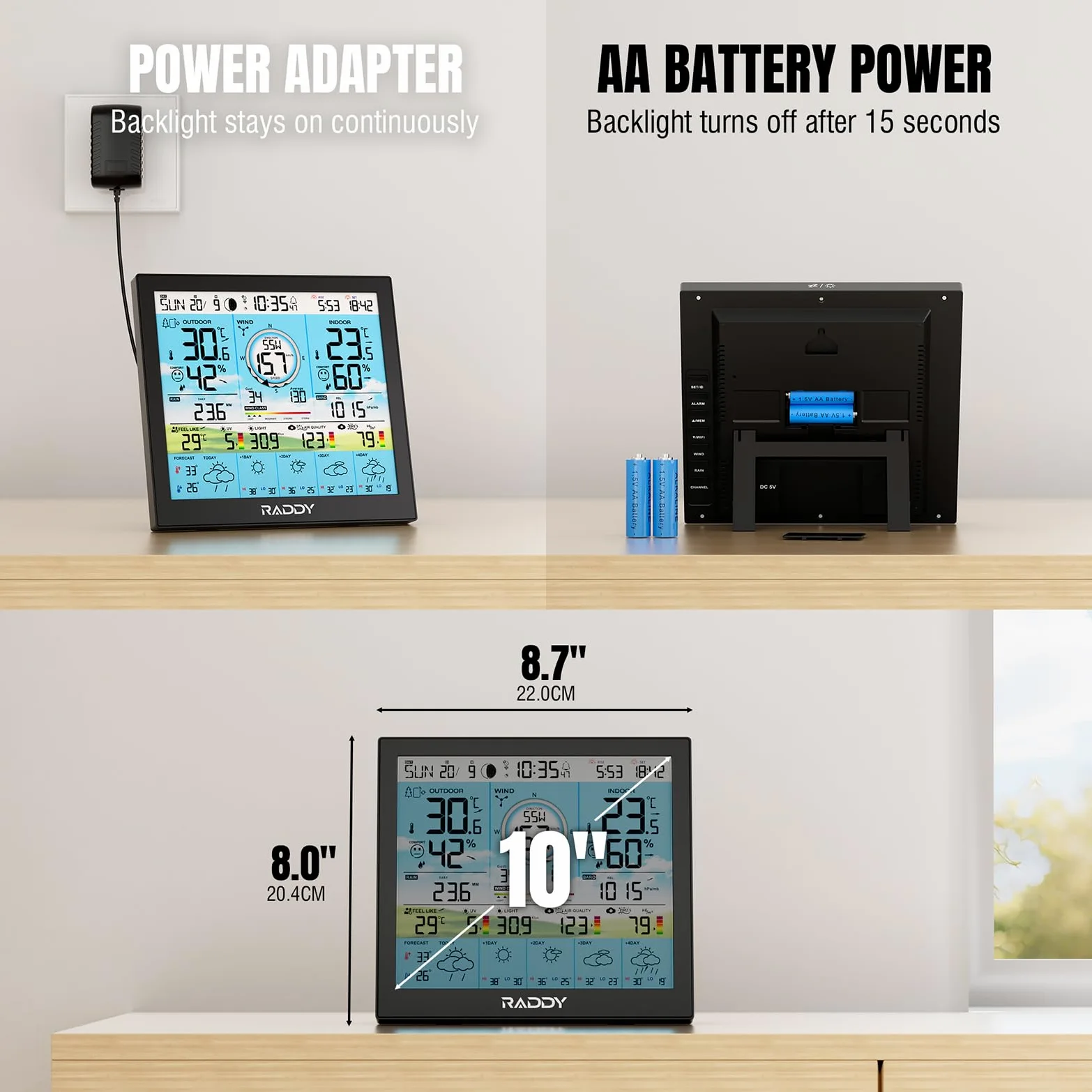 Raddy WF-120P Station météo Wi-Fi avec contrôle via application, écran couleur HTN 10″, température et humidité int./ext., indice UV/lumière, PM2.5 AQI, prévisions 5 jours, capteur extérieur 7-en-1