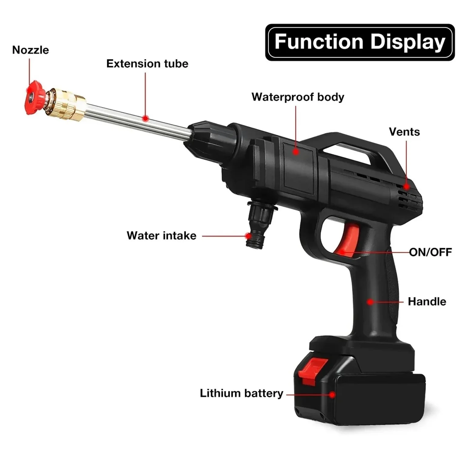 Pistolet d'arrosage avec embout multi-jets, Nettoyeur haute pression sans fil 1500W noir 1-2 Batteries 18V 13000mAh lave-auto(2 battery)