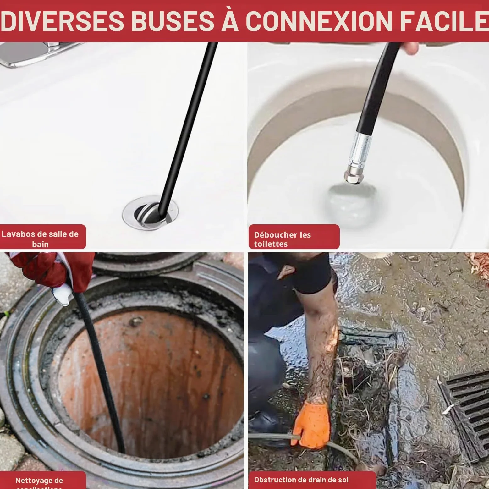 Tuyau de débouchage 15 m pour canalisation avec 3 adaptateurs et 2 buses | Flexible haute pression pour Karcher et Lavor, nettoyeur anti-bouchon, adapté aux canalisations, conduits et évacuations