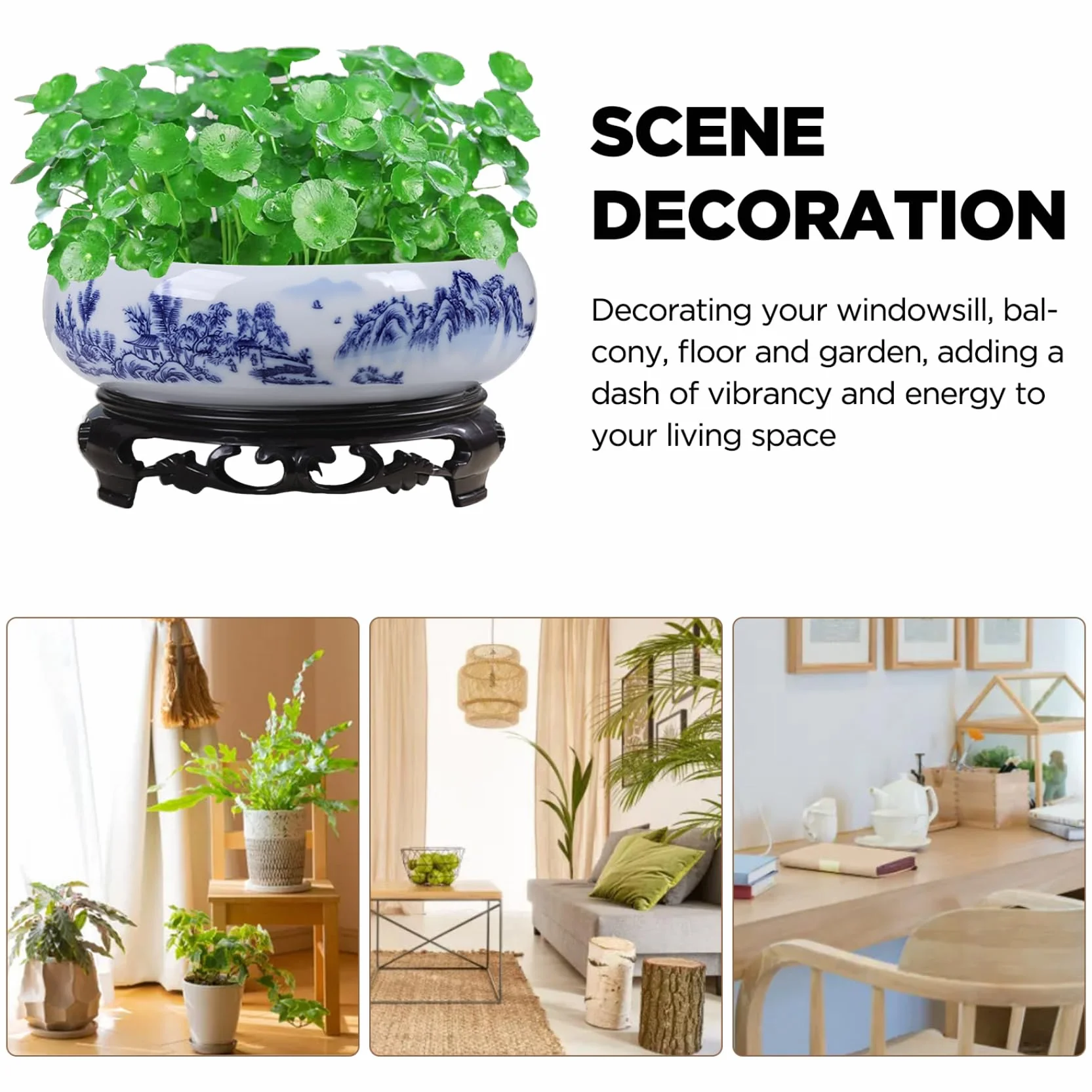 Lotus pot de fleurs en céramique bleue et blanche, pot décoratif rond pour jardin, balcon, bureau