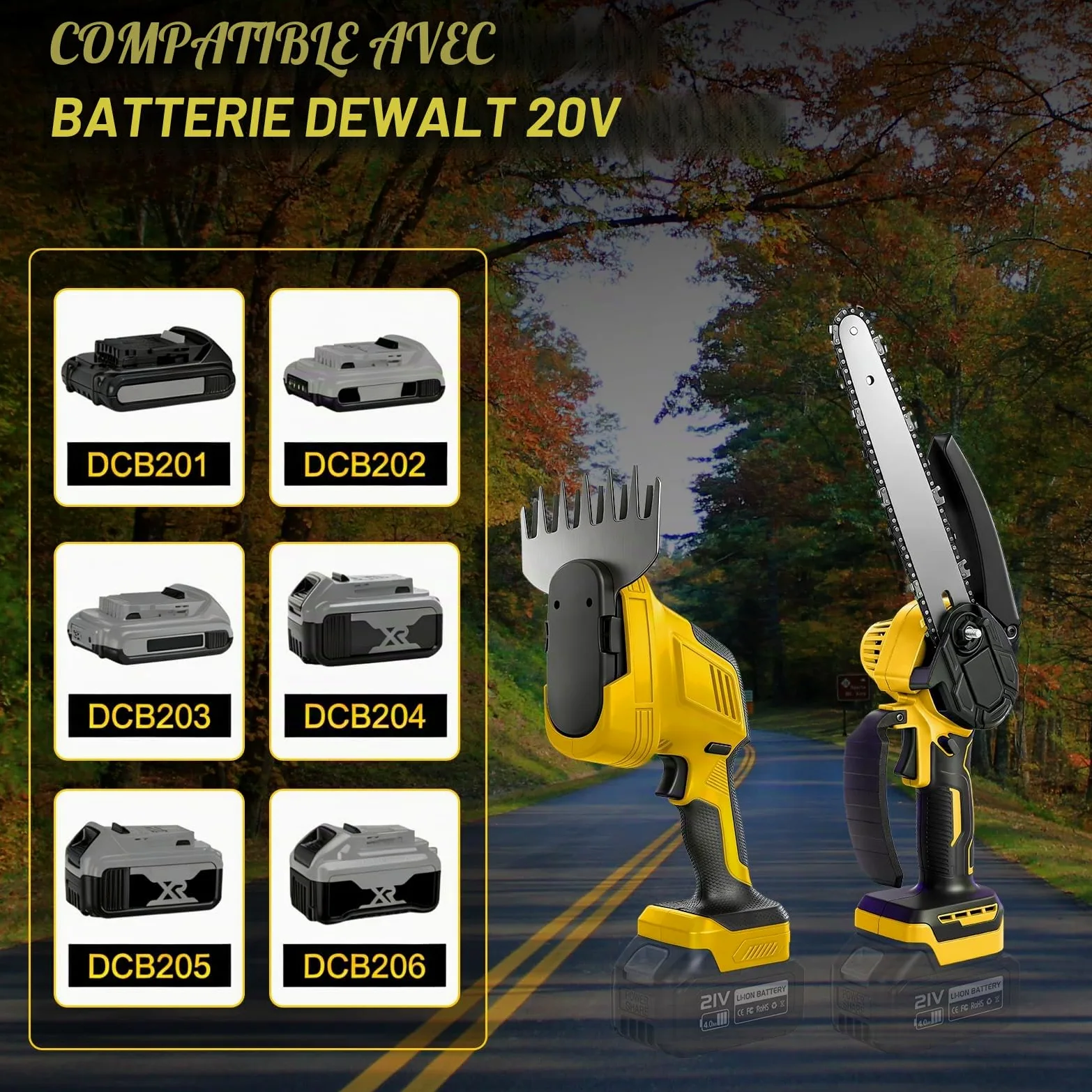 Kit de tronçonneuse et taille-haie 6 en 1 de 20 cm pour batteries DeWalt 20 V (sans batterie) | Roadtime Mini tronçonneuse télescopique pour jardin, arbres et arbustes