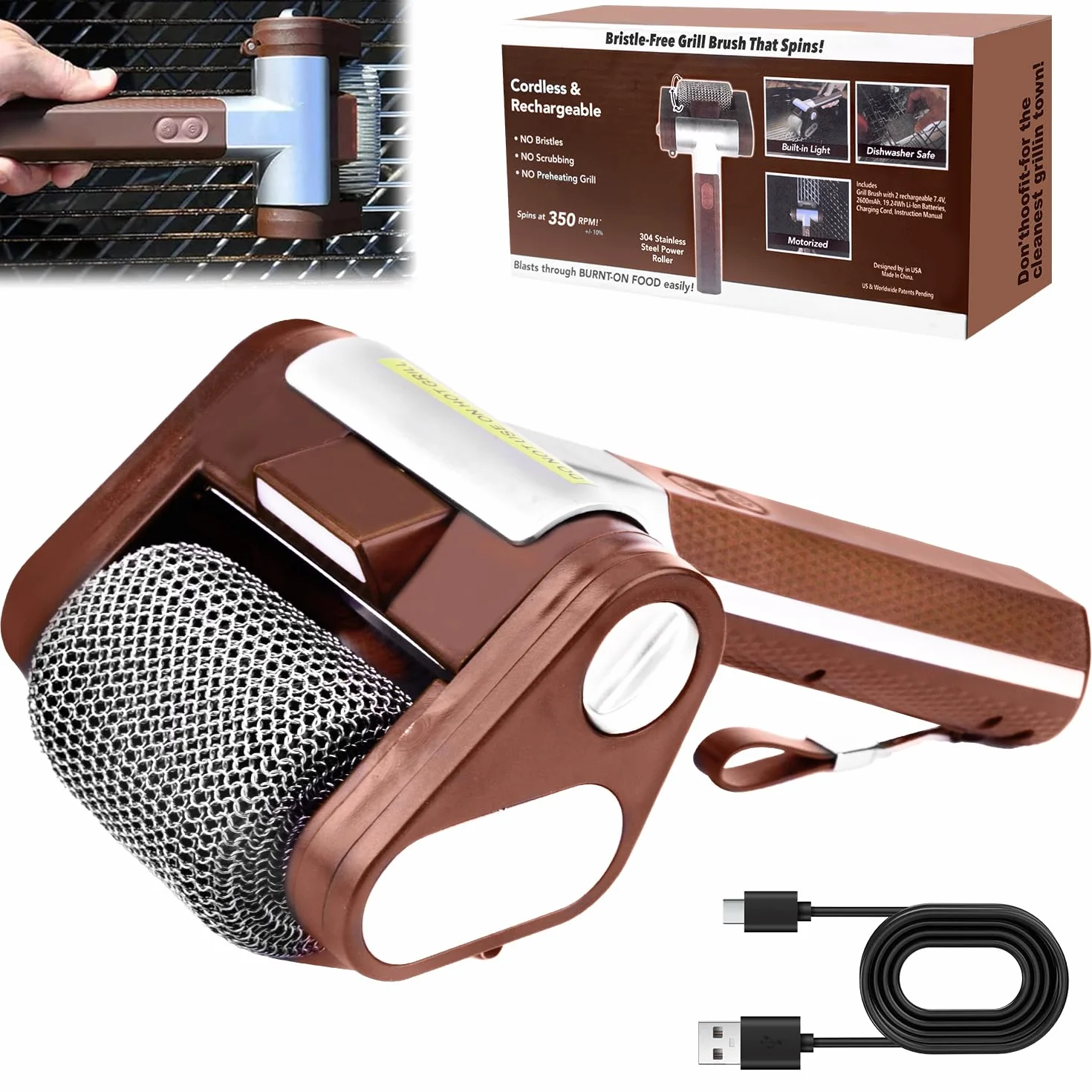 Vibbang Nettoyeur de gril électrique sans fil, Brosse Barbecue acier inoxydable 304, 350 TR/Min