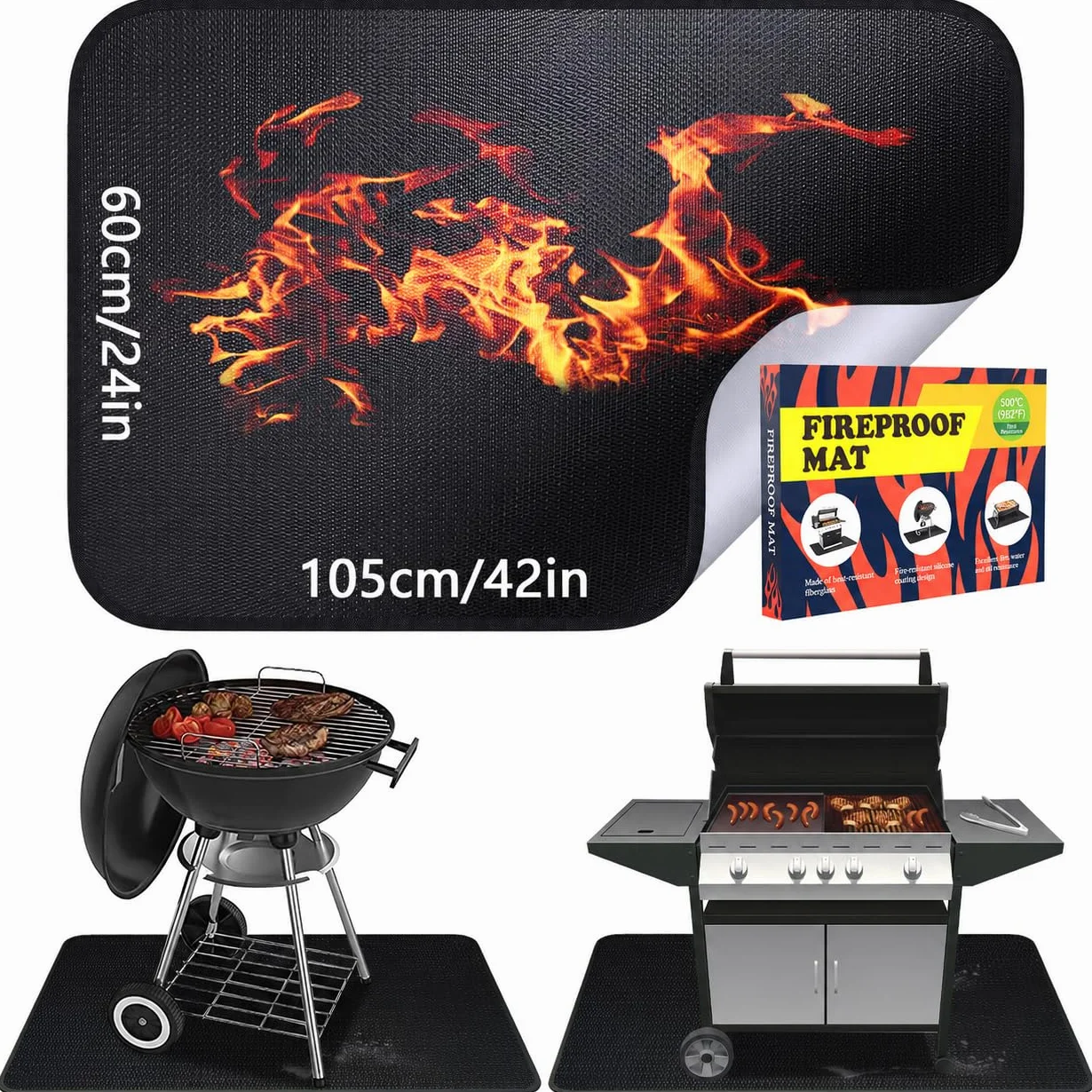 Tapis de Protection Thermique Pliable 60x105 cm Ignifuge Anti-étincelles pour Barbecues Poêles à Bois Sol