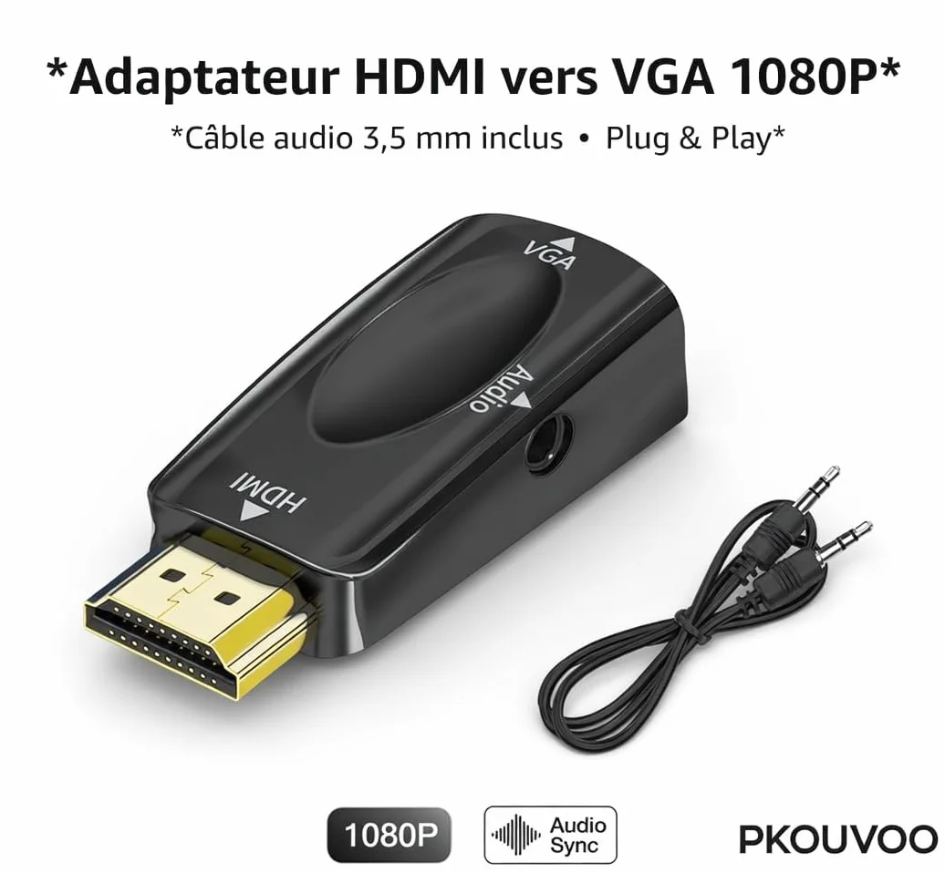 Adaptateur HDMI vers VGA Audio 3.5mm Convertisseur HDMI mâle VGA Femelle 1080p