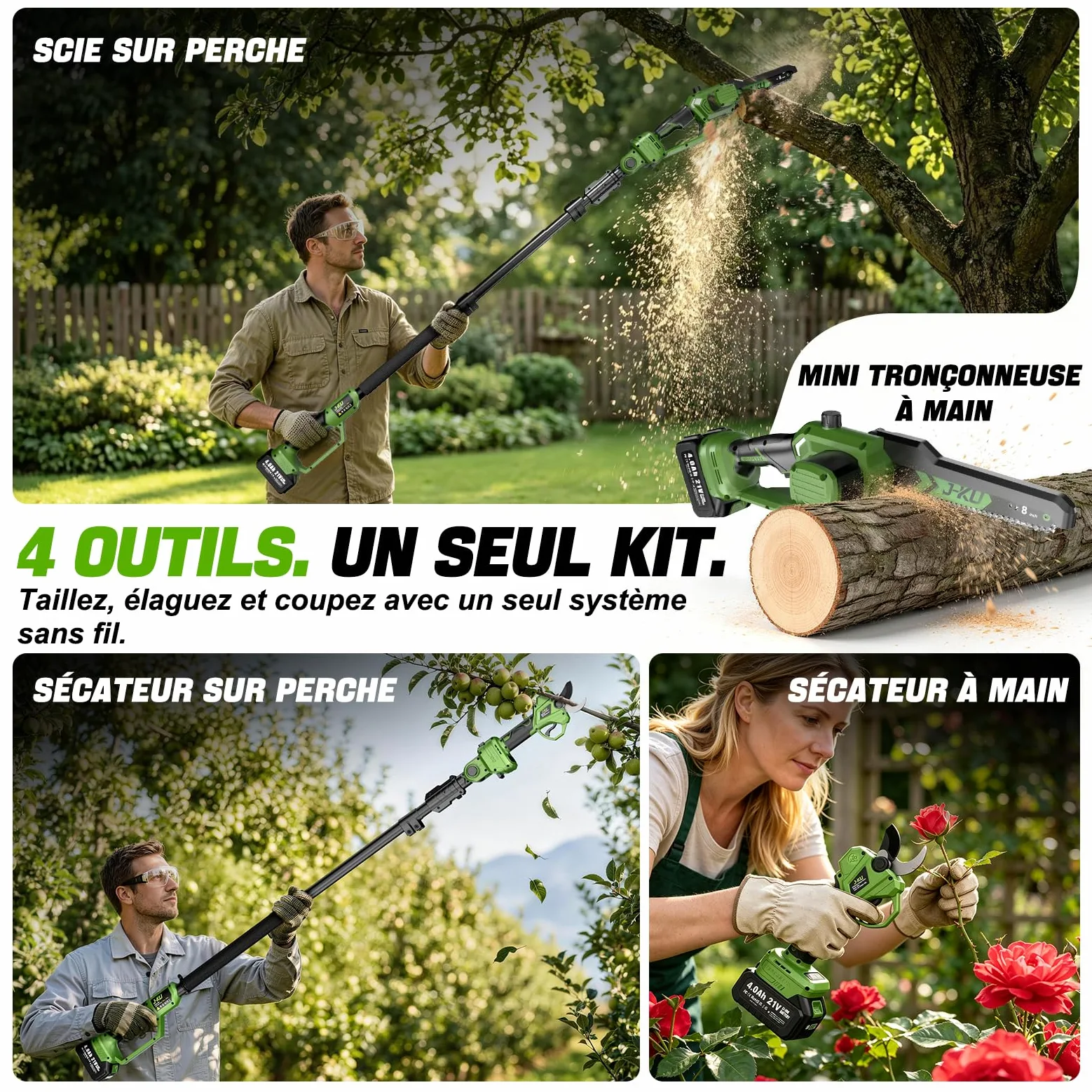 J-KU Élagueuse sur Perche 4 en 1 sans Fil avec Batterie, Mini Tronçonneuse 20 cm (8 Pouces) & Sécateur Électrique 35 mm, Perche Télescopique 2,6 m, 2×4000 mAh, Outils de Jardin