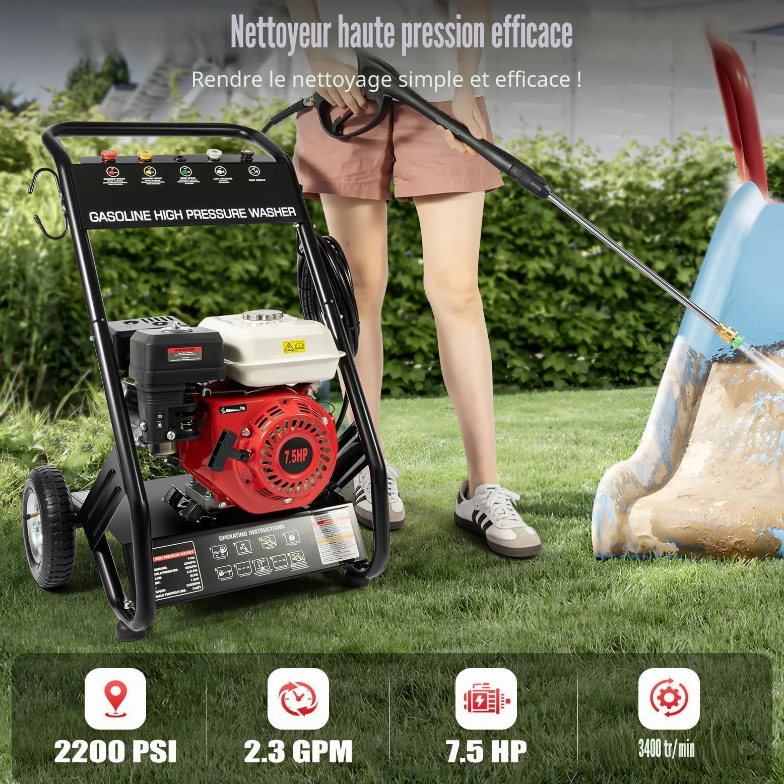 Nettoyeur haute pression essence 6,5 CV 4900 W - Moteur essence - 190 bar - Voiture et terrasse - Pistolet puissant - 5