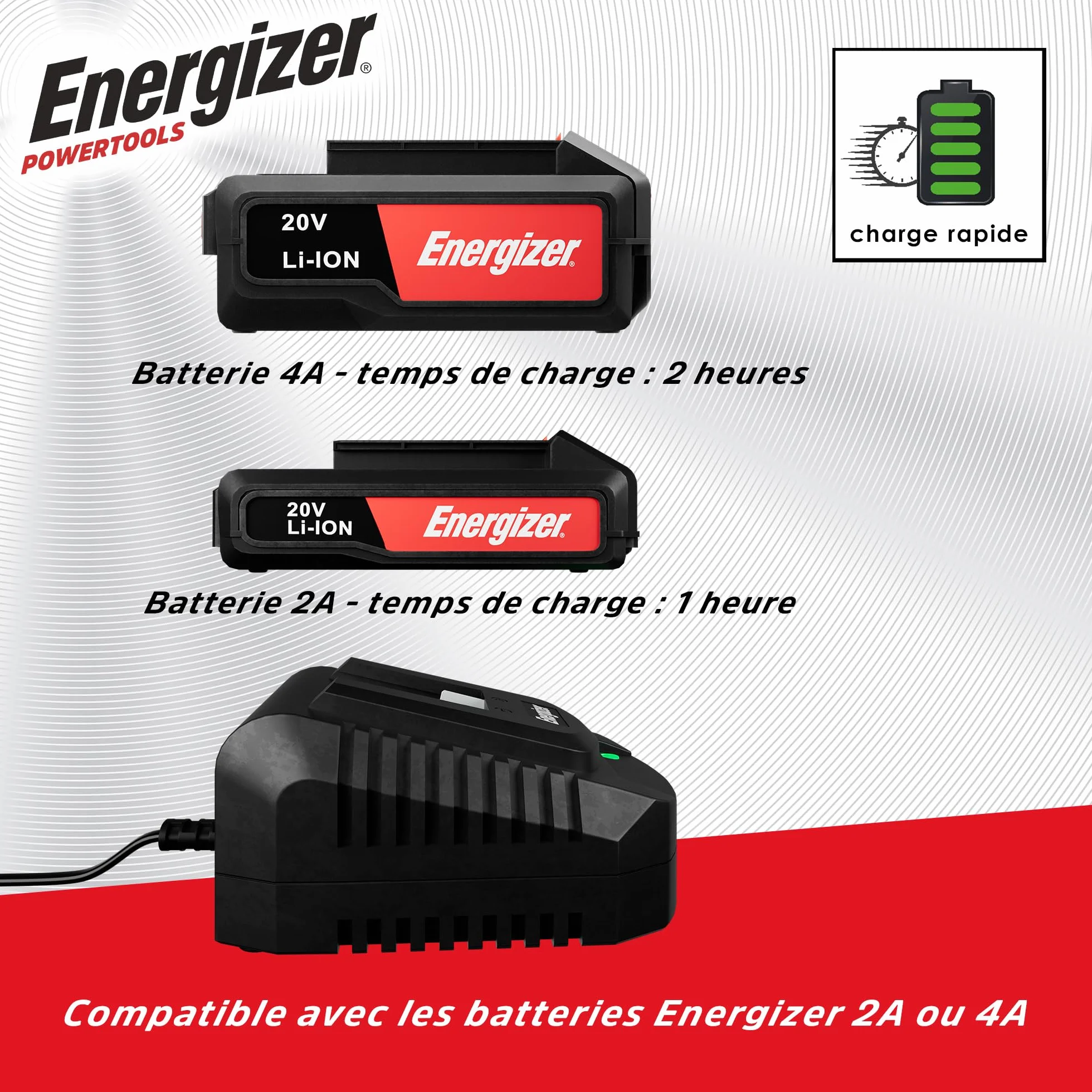 Energizer – Tronçonneuse Sans Fil 20V, Lame 120 mm – Vitesse 5 m/s – Ultra Compacte, Poignée Soft Grip – 2 Chaînes + Huile Incluses – Inclus 2 Batteries 2AH + Chargeur rapide Idéale Élagage, Jardinage