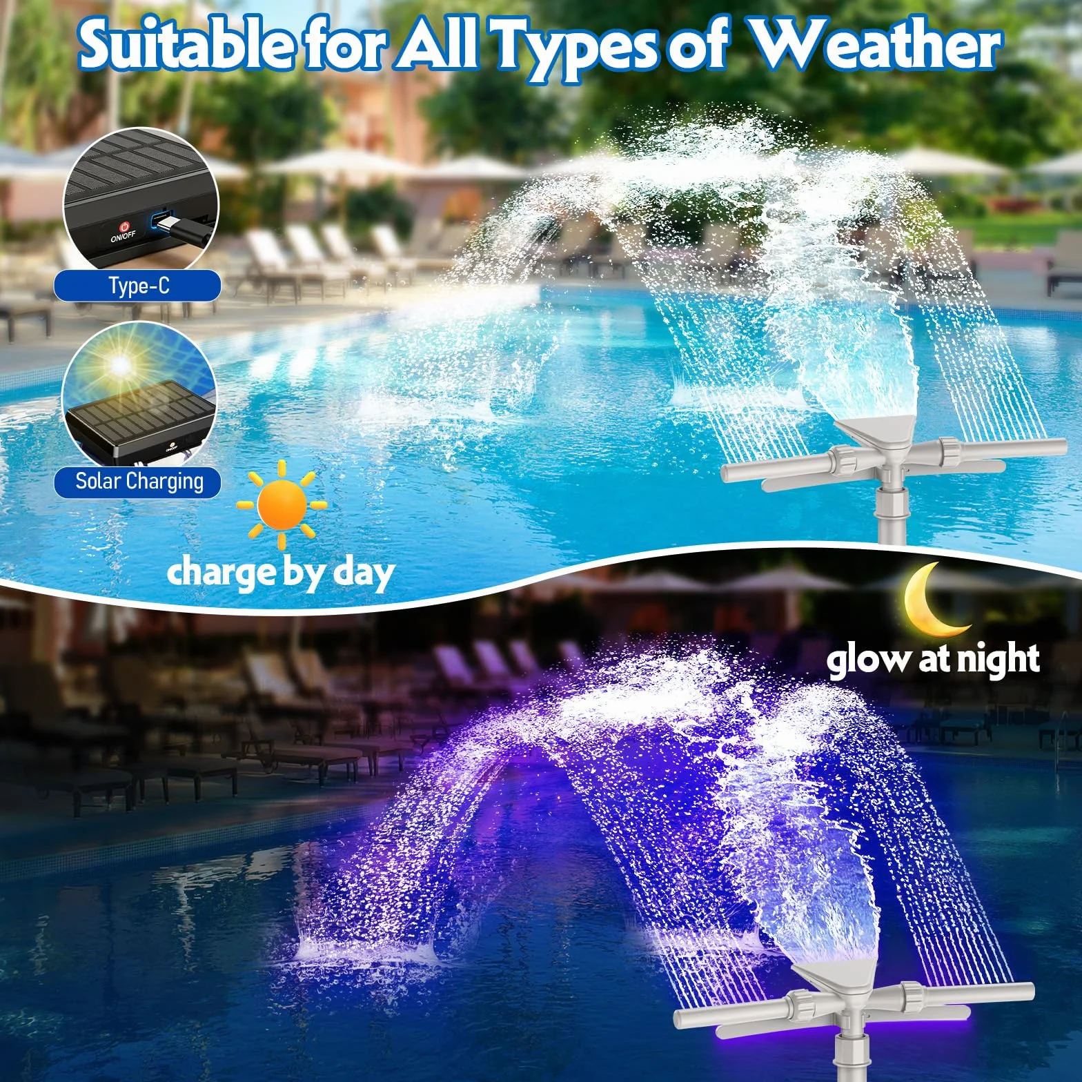 Mooroer Fontaine de Piscine Solaire Tête 2 en 1 LED 9 Couleurs Télécommande Réglable Refroidit l’Eau 5-11°C Piscines Hors Sol Encastrées