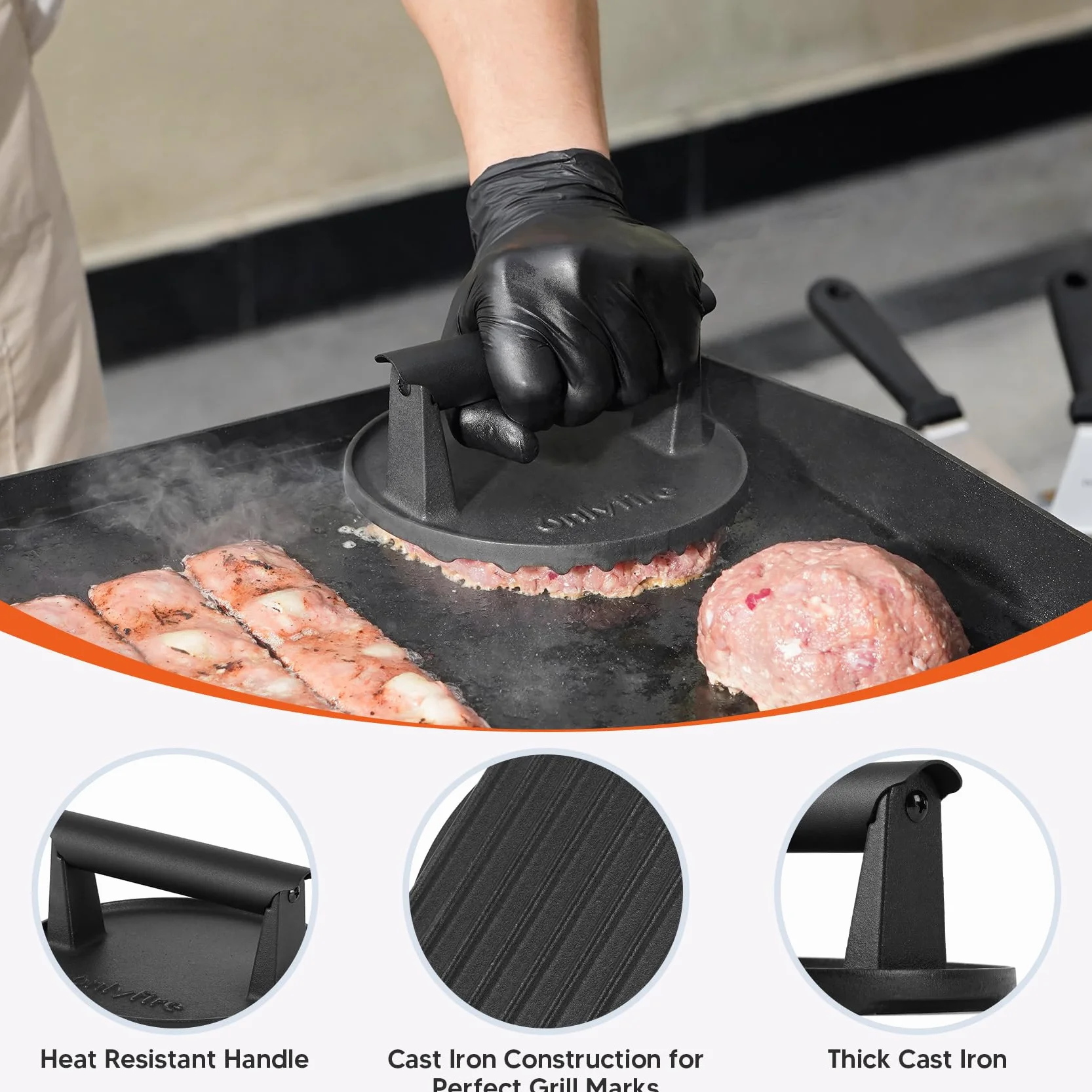 Onlyfire Set Smash Burger 3 Pièces, Presse à Burger Fonte et 2 Cloches Cuisson Acier Inoxydable, Kit Plancha Barbecue