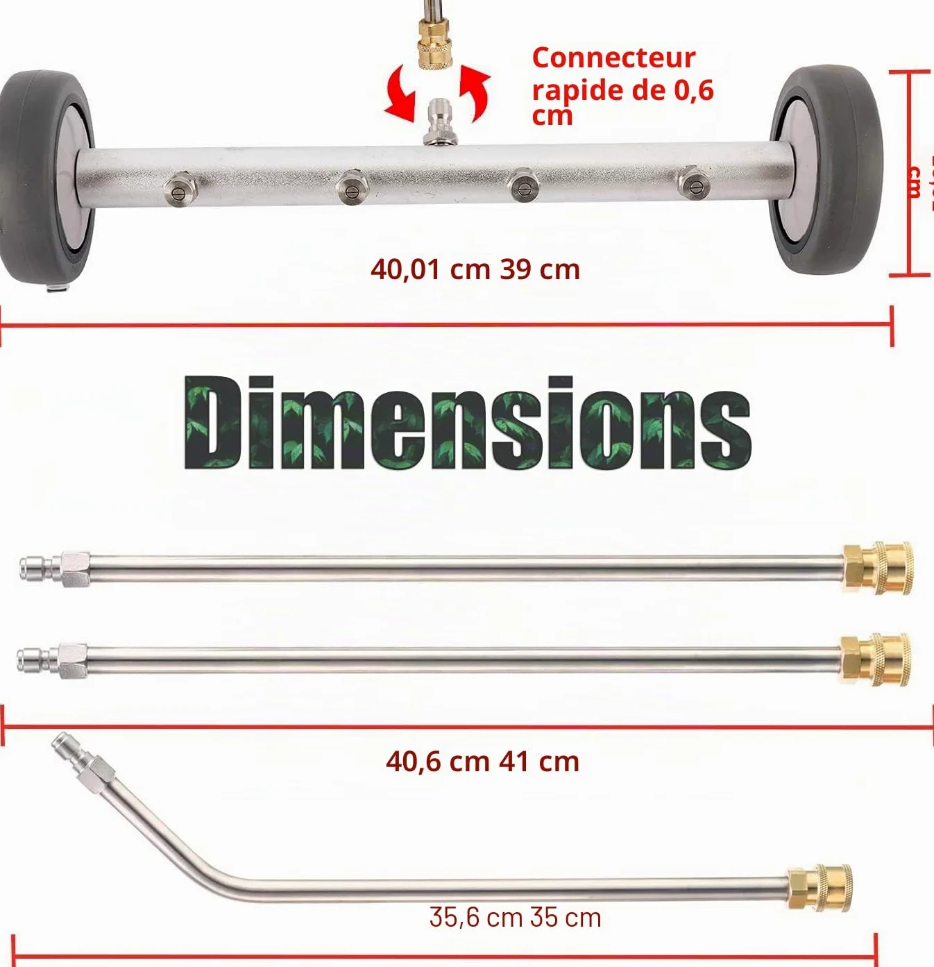 Balai à eau pour nettoyeur haute pression, nettoyeur de châssis à double fonction, 40,6 cm, 4 buses avec 3 rallonges, 4000 PSI (argent)