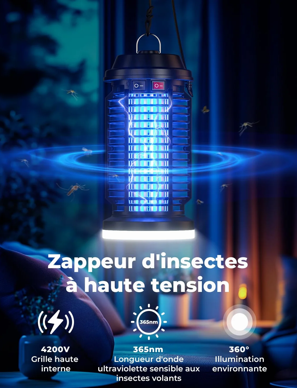 YISSVIC Lampe Anti Moustique 4200V 15W Tueur Mouche Electrique 2 en 1 LED UV IPX4 pour Extérieur et Interieur