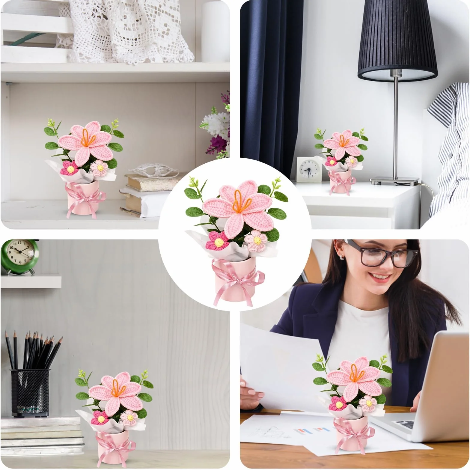 Fleur Crochet Tulipe Rose Bouquet Décoration Intérieur Cadeau Anniversaire Mariage