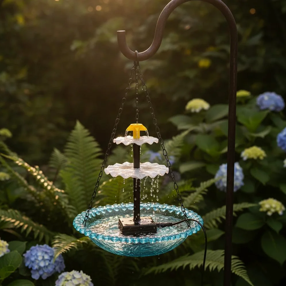 Bain d'oiseaux Solaire Flottant Suspendu, Plastique - Attire Les Oiseaux - métal - conçu pour Jardin extérieur - pour, Violet, Fontaine à Oiseaux Solaire à Double Niveau