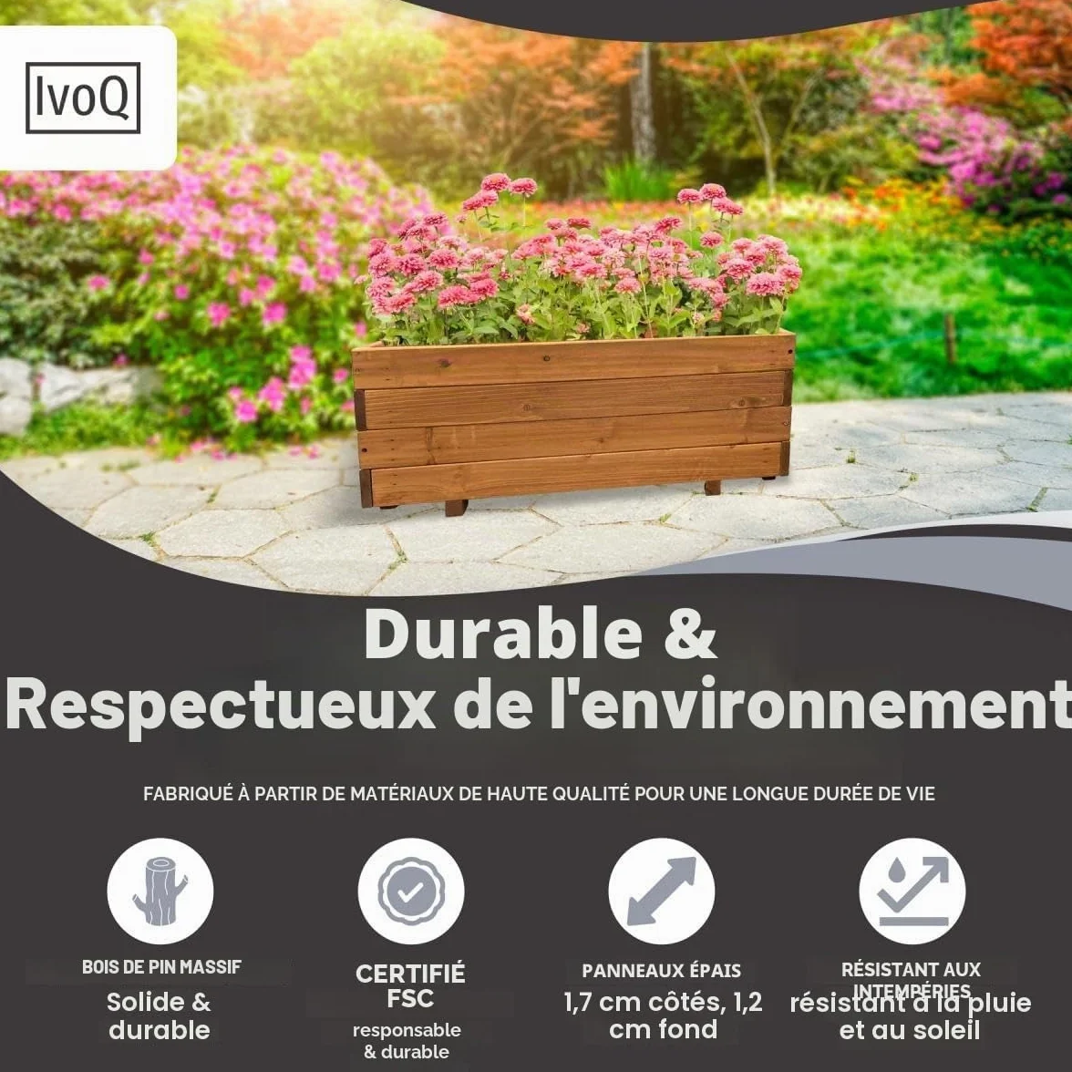 Jardinière en bois 80 x 40 x 32 cm – Bois d'épinette massif FSC – Résistante aux intempéries avec drainage et sac non tissé