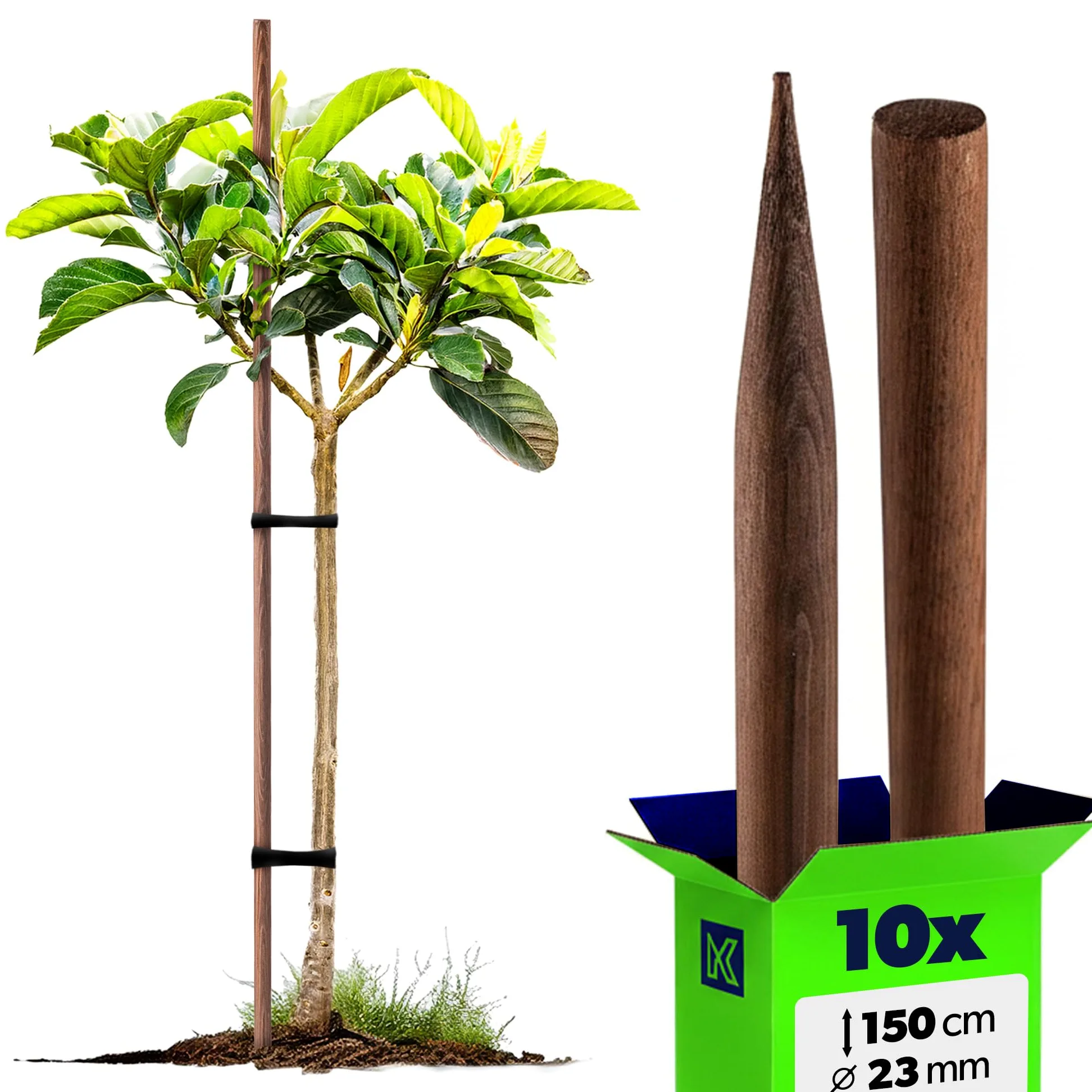 KADAX Bâtons en bois 150 cm x 23 mm, lot de 10, tuteurs en bois imprégné, piquets en bois comme aide à l'ascension pour plantes, arbres, tomates et arbustes, tuteur pour tomates