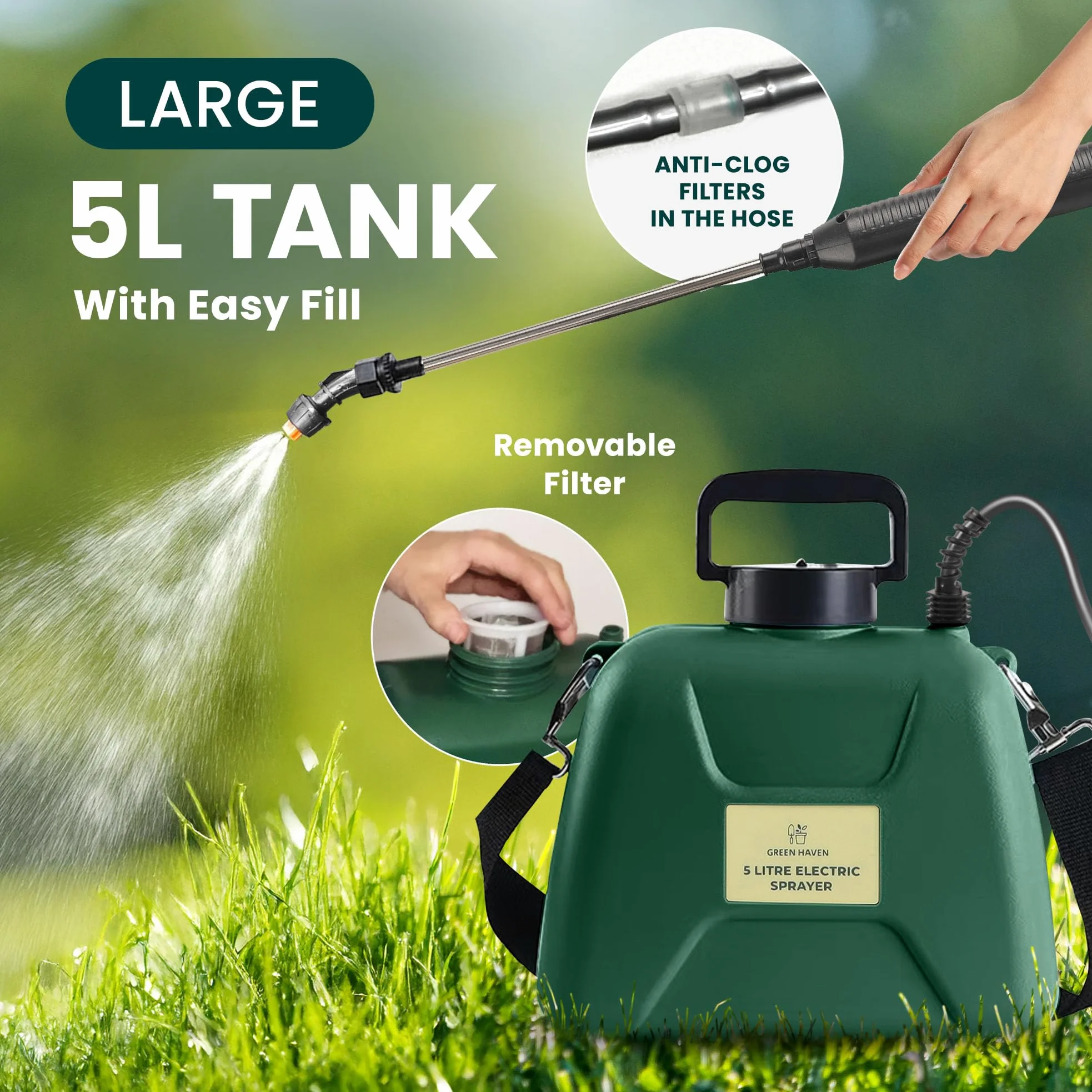 Green Haven Pulvérisateur de Jardin électrique Rechargeable par USB avec 3 Buses réglables, réservoir Facile à remplir, ABS Durable, Design Portable et bandoulière pour Le Jardinage