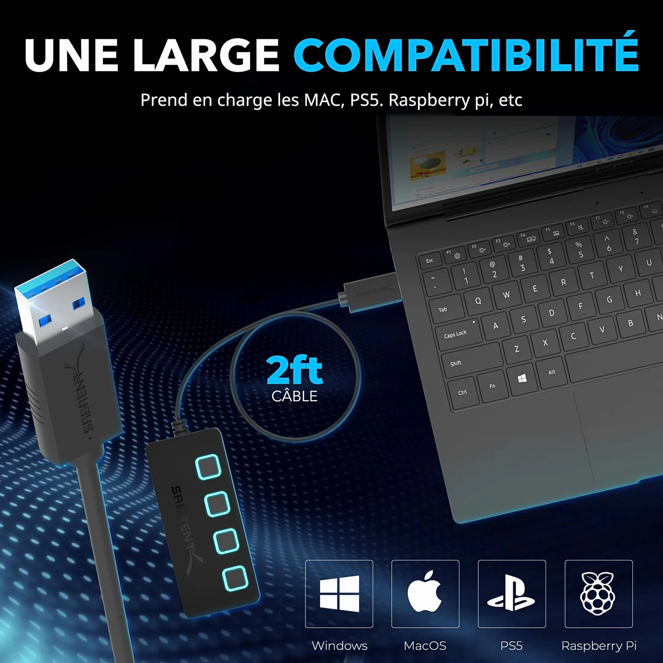 SABRENT Hub USB 3.0 Alimenté 4 Ports 5 Gbps avec Commutateurs et Voyants Individuels HB-UMP3