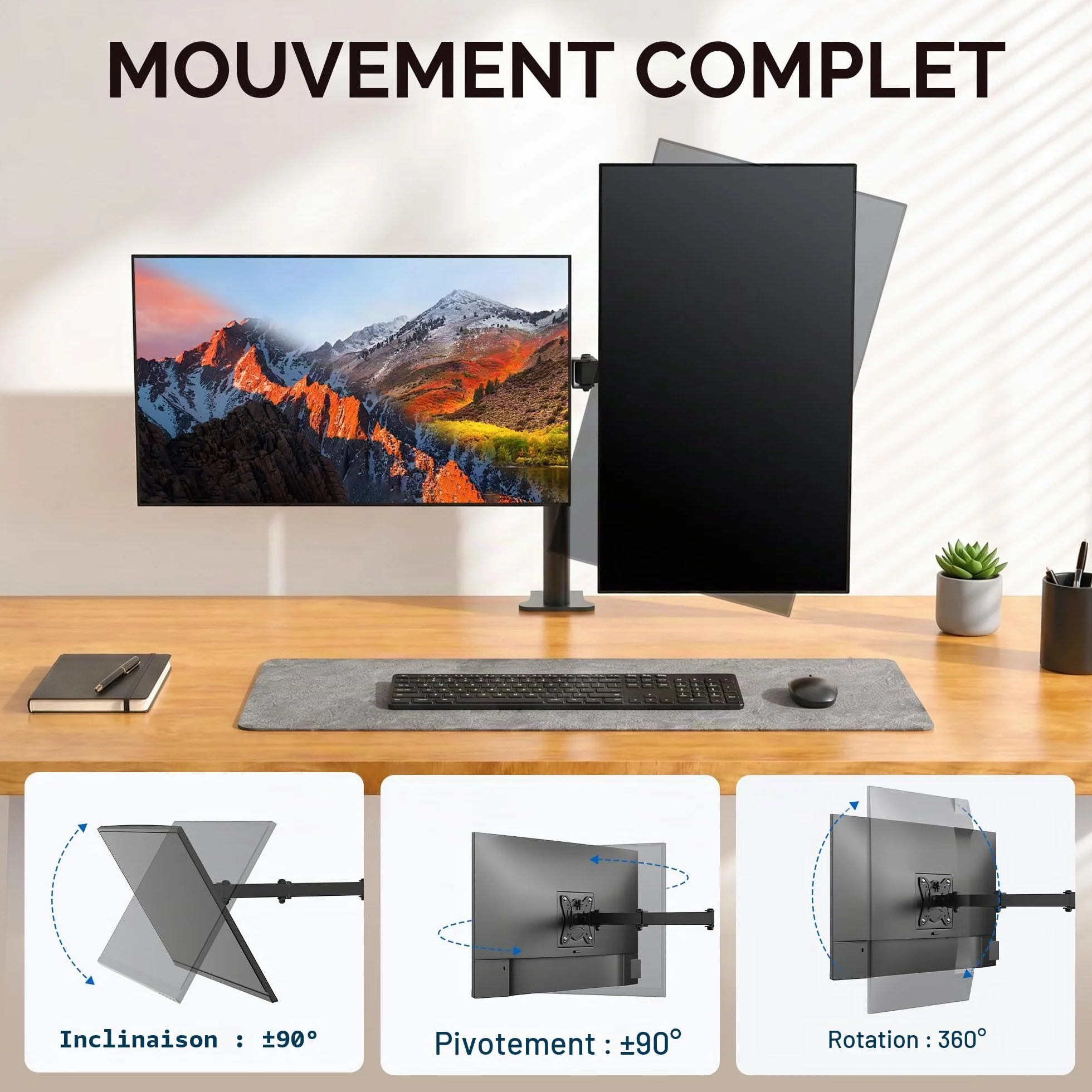 Bras Ecran PC VESA 75x100 360° Rotation ±90° Inclinable Hauteur Réglable 9KG Noir GRIFEMA GB2001-2