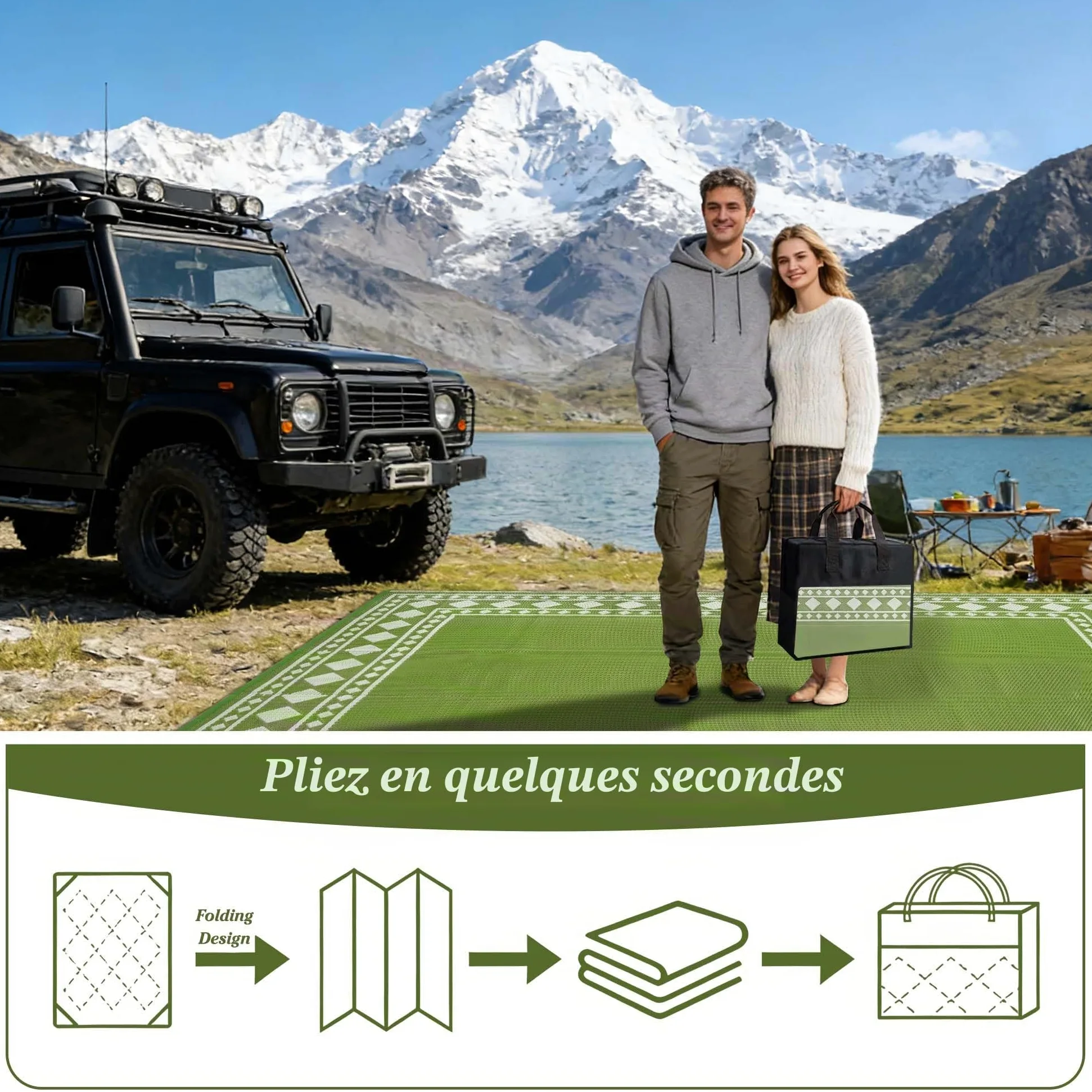 Homcomodar Tapis d'extérieur résistant aux intempéries, 180 x 270 cm, réversible, perméable à l'eau, tapis en plastique pour camping, terrasse, jardin, tente, pique-nique, vert