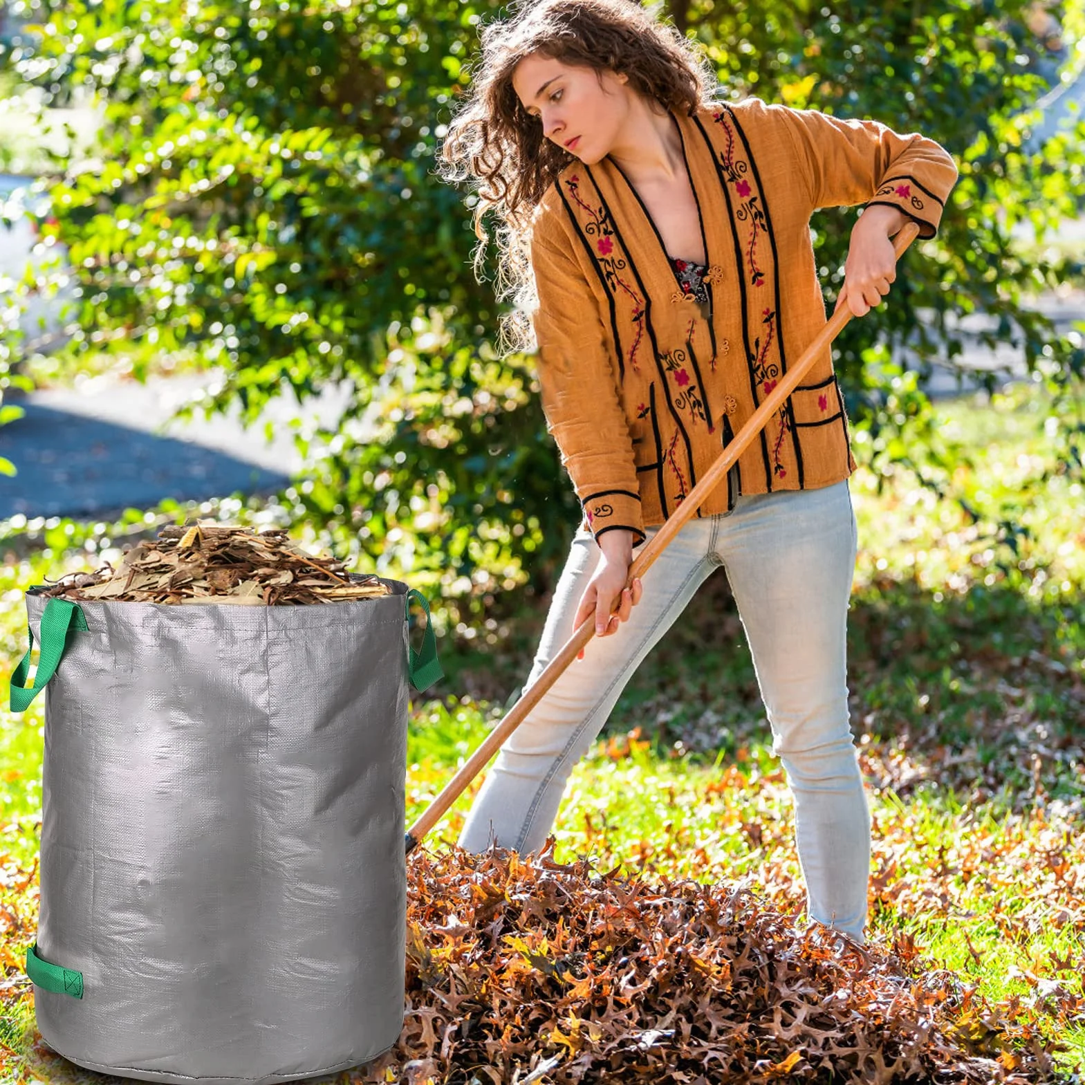 Hanzete Lot de 3 sacs à déchets de jardin réutilisables 100 l pour cour, recyclables, poubelles à feuilles, plantes, piscine, aménagement paysager, pelouse, terrasse