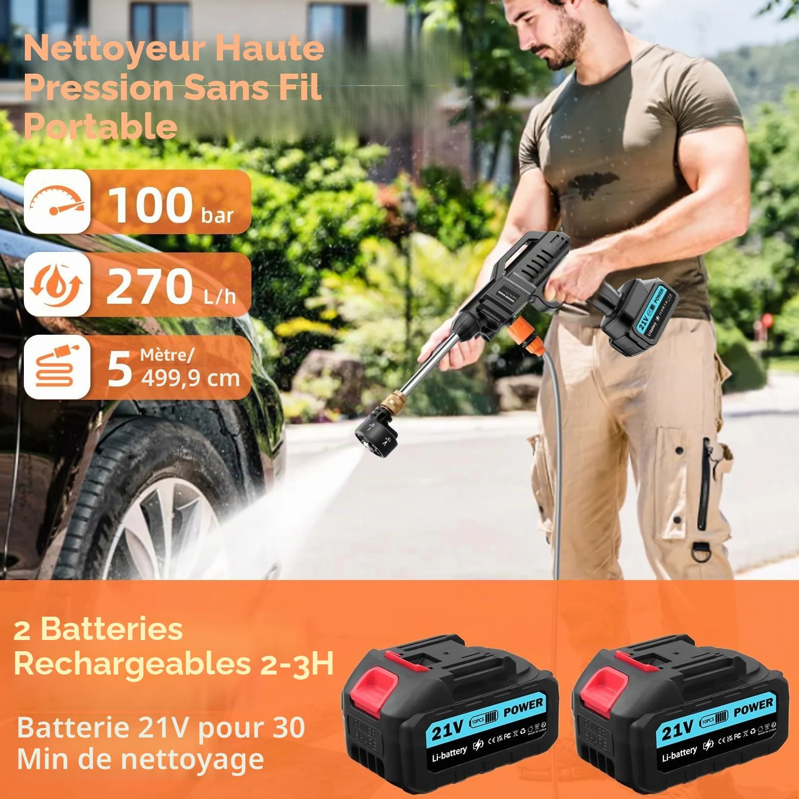 Nettoyeur Haute Pression sans Fil 100 Bar 270 l/h | Pistolet Portable avec 2 x 3000 mAh | Pistolet de Lavage Mobile 6 en 1, buse réglable 5 m pour Balcon, Voiture, Garage