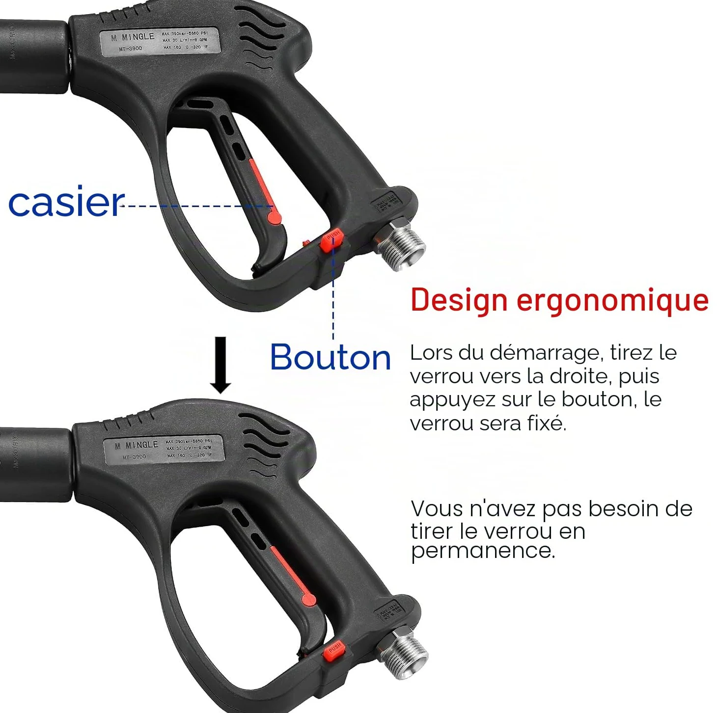 M MINGLE Pistolet Court pour Nettoyeur Haute Pression, Raccord M22, 5 Buses | Lance de Nettoyage Eau Chaude et Froide, Raccord Rapide 1/4", Verrouillage de Sécurité, 30 L/min, 350 Bar (5000 PSI)