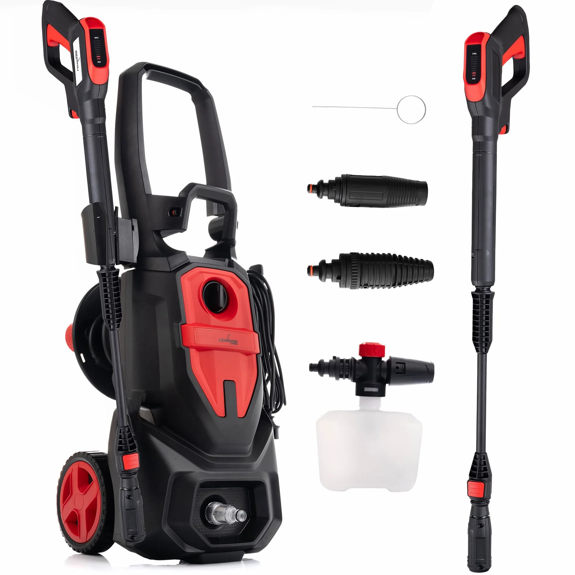 LEHMANN Austin Nettoyeur Haute Pression, 1800 W, Max. 220 Bar, Débit 450 l/h, Pompe en Aluminium, Rayon d'action 10 m, Enrouleur câble, Buse Réglable & Turbo, Canon à Mousse, Noir/Rouge