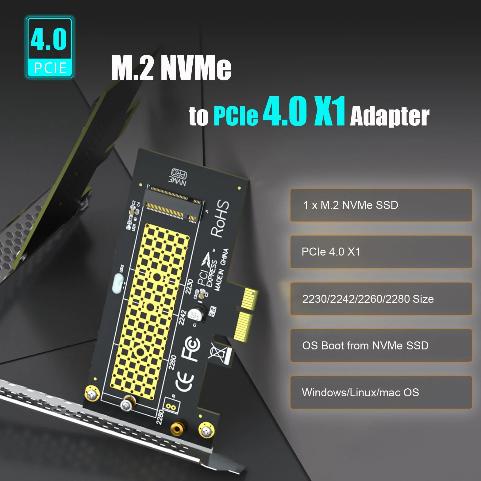 GLOTRENDS PA09-X1 Adaptateur M.2 NVMe vers PCIe X1 pour SSD 2230/2242/2260/2280